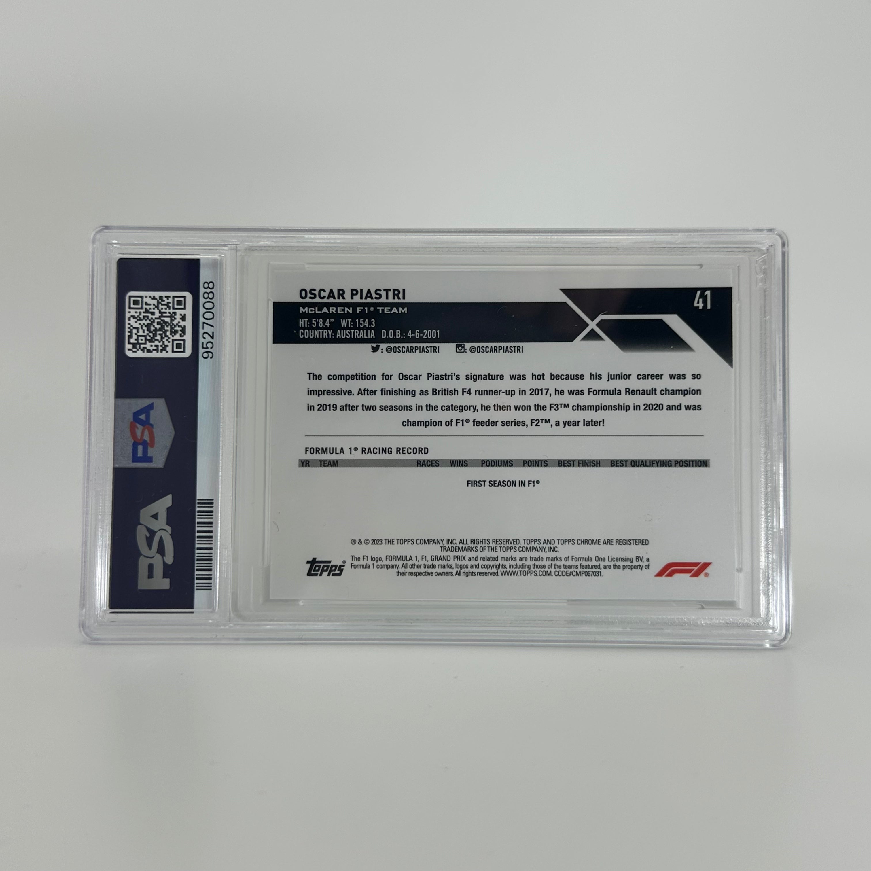 2023 Topps Chrome F1 Oscar Piastri #41 PSA 10 Rookie Card - Aqua Sapphire Edition 36/99 | Collectible Racing Memorabilia for F1 Fans & Sports Card Investors