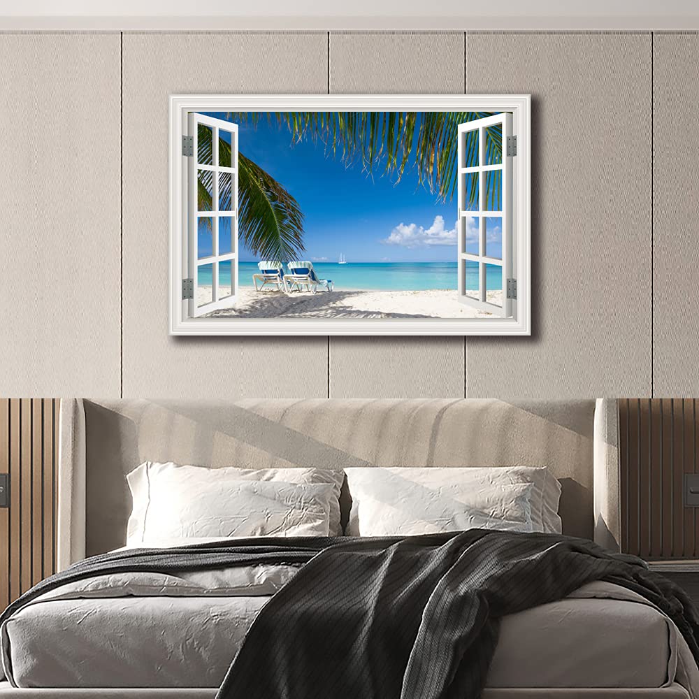Tropical Beach Wall Art - Window Frame Style Canvas Print with Palm Tree & Blue Ocean - Coastal Decor for Living Room, Bedroom, Home - Perfect for Beach House, Vacation Rental & Coastal Theme Interior Design
