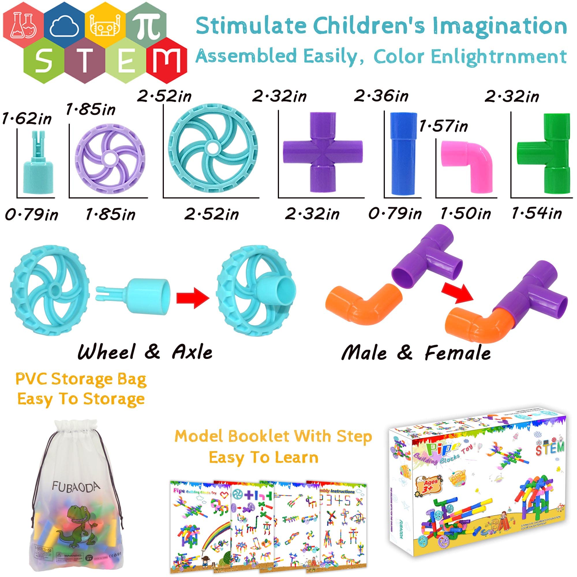 FUBAODA 96 Pcs STEM Pipe Tube Building Toys Set - Educational Construction Blocks with Wheels, Spouts & Joints for Kids Ages 3+ | Creative Learning, Preschool Classroom & Birthday Gift Idea