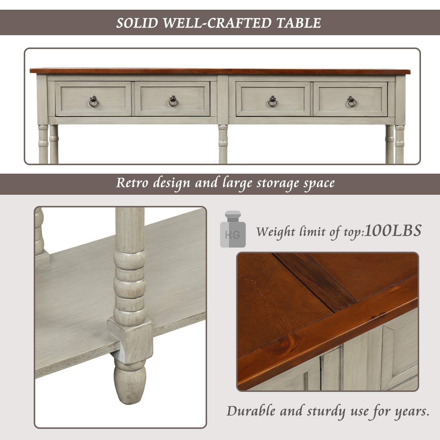 Solid Wood Console Sofa Table with 2 Large Storage Drawers, Rustic Entryway Table with Open Shelf - Modern TV Stand for Living Room, Bedroom & Entryway (Gray, Large) - Perfect for Small Space Organization & Home Decor