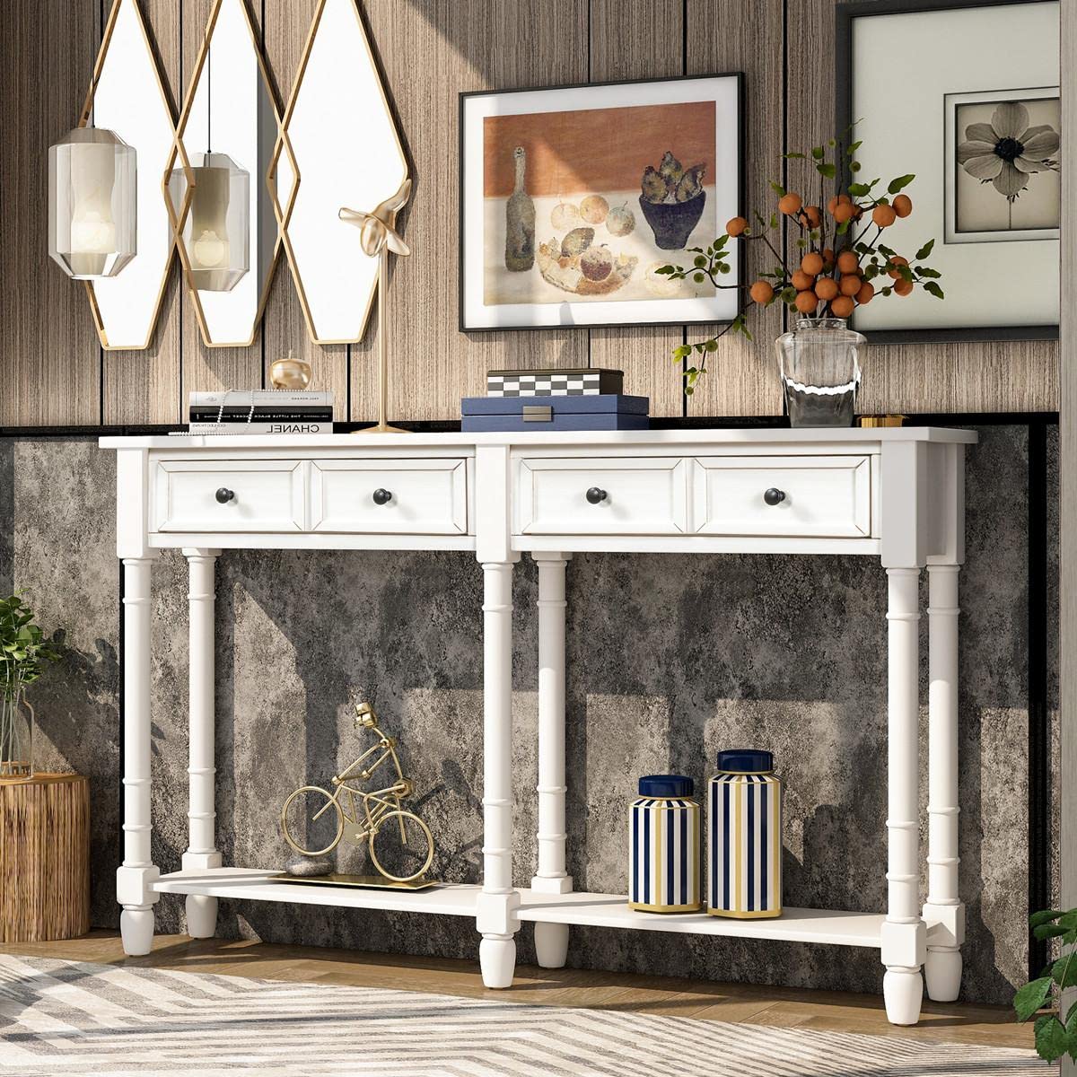 JINS&VICO White Console Table with 2 Storage Drawers & Bottom Shelf - Easy Assembly Entryway Sofa Table for Living Room, Hallway & Bedroom Decor