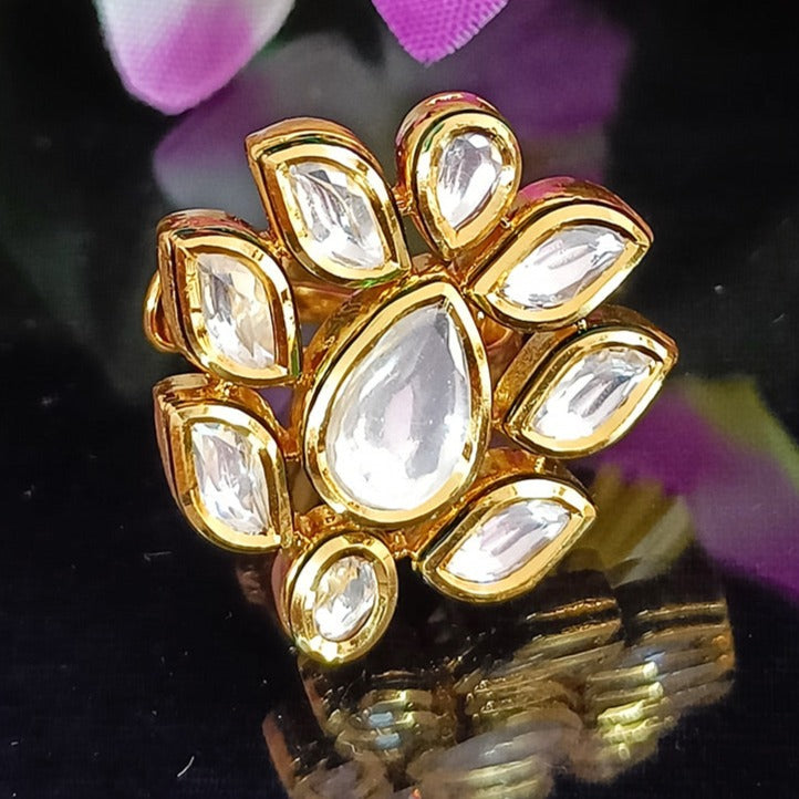 Elegant Gold Plated Royal Kundan Beaded Ring - Design 168 | Indian Bridal Jewelry for Weddings, Parties & Special Occasions
