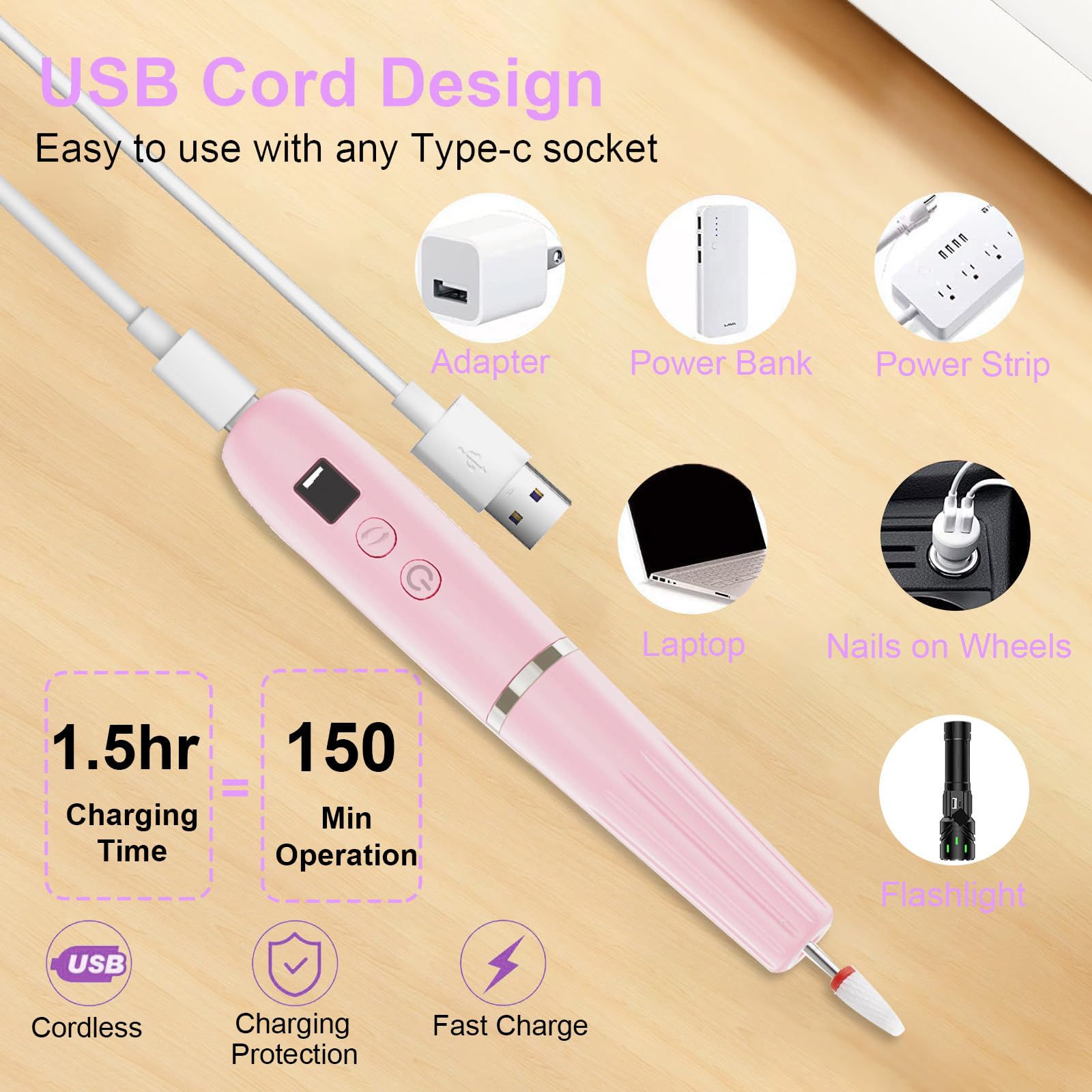 Professional Rechargeable Electric Nail Drill Kit - Cordless Nail Filer for Acrylic & Gel Nails | Manicure & Pedicure Set for Beginners & Professionals | Perfect for Home Salon, Nail Art & DIY Nail Care (Pink)