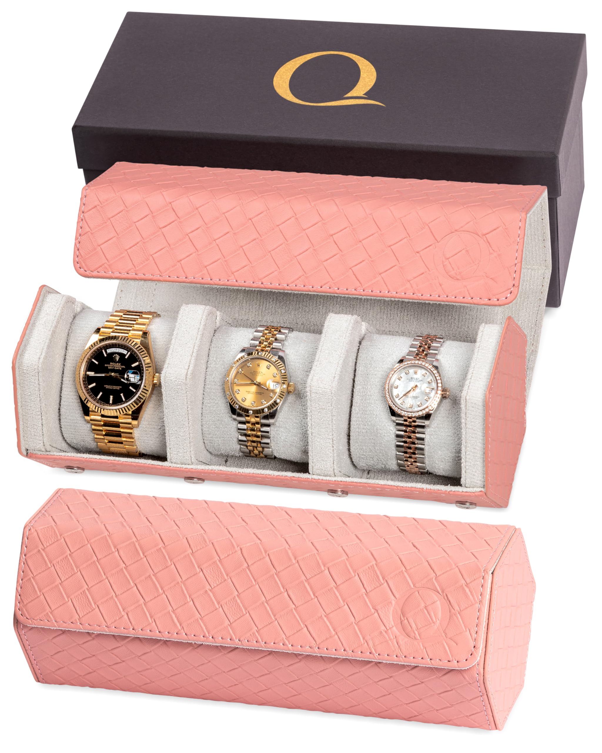 Women's Genuine Leather Hexagon Triple Watch Roll Travel Case - Storage Organizer for 3 Watches with Velvet Interior (Woven Pink/Gray) - Perfect for Travel, Display & Watch Collection Organization