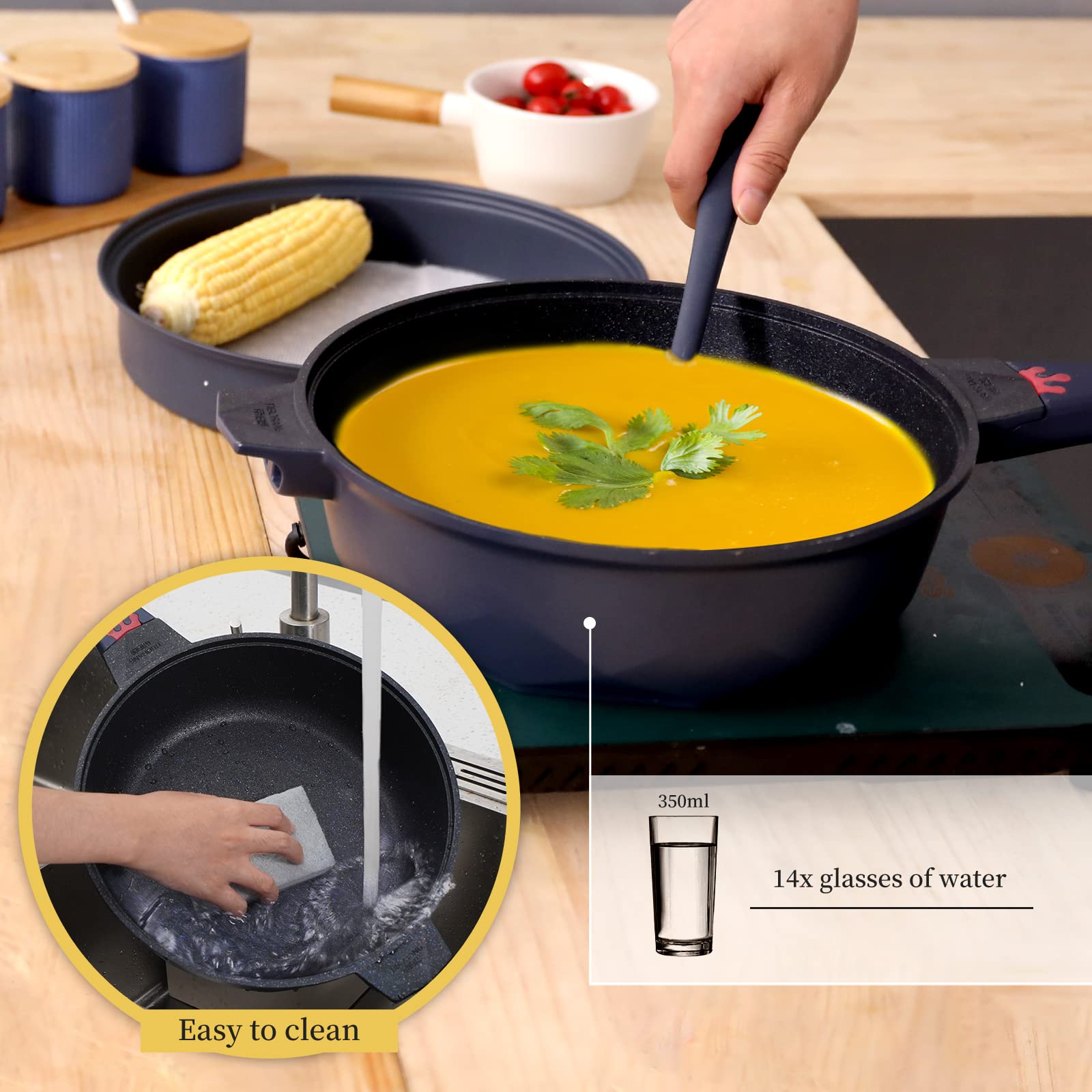 TIBORANG 8-in-1 Nonstick Deep Fry Pan with Glass Lid - 11 Inch 5 Quart Multi-Purpose Cookware, Heat Indicator, Stay-Cool Handle, Steamer Grid, PFOA-Free, Dishwasher & Oven Safe - Works with All Stovetops (Navy Blue) - Perfect for Frying, Steaming, Sautéing, and More in Your Kitchen