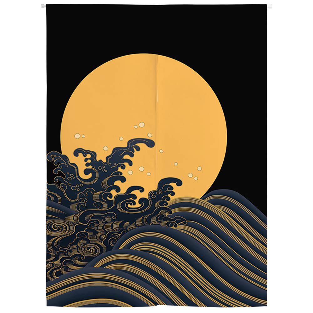 Japanese Noren Door Curtain - Hokusai Ukiyoe Moon Design, 33 x 35 Inches, Room Divider & Bistro Decor for Home, Restaurant, or Cafe Entrance