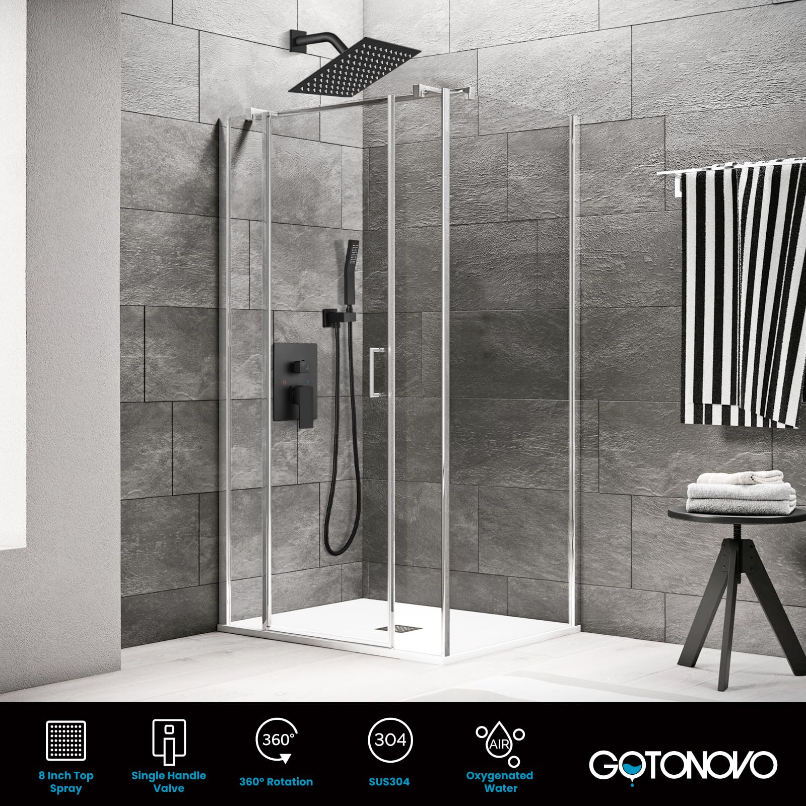 Gotonovo Rainfall Shower System - 8 Inch Matte Black Shower Head & Handle Set with Pressure Balancing Mixer Valve, Wall Mounted Solid Brass Combo for Luxurious Bathroom Experience | Perfect for Modern & Spa-Like Showers