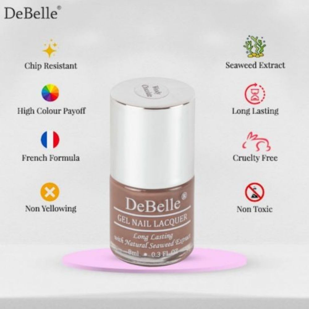 DeBelle Gel Glossy Finish Nail Polish - Woody Chocolate (Light Chocolate Brown) 8ml - Enriched with Natural Seaweed Extract, Vegan, Cruelty-Free & Non-Toxic - Perfect for Everyday Wear, Salon-Quality Manicures & Special Occasions