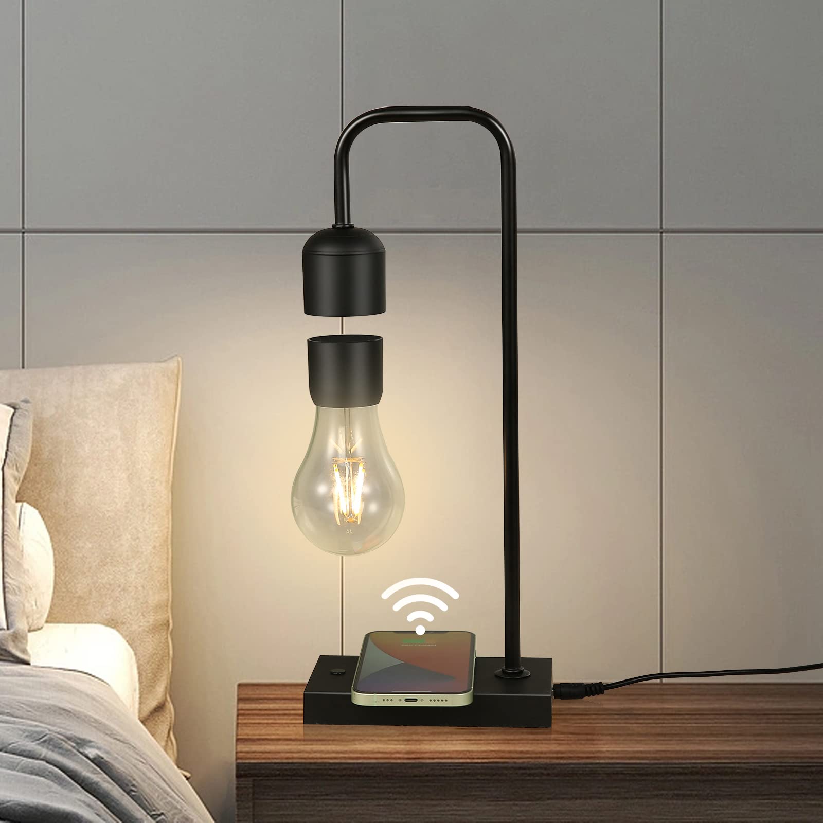 Magnetic Levitating Lamp with LED Light Bulb - Wireless Charger & Auto Control - Floating Desk Decor for Home Office, Bedroom, and Gift Ideas