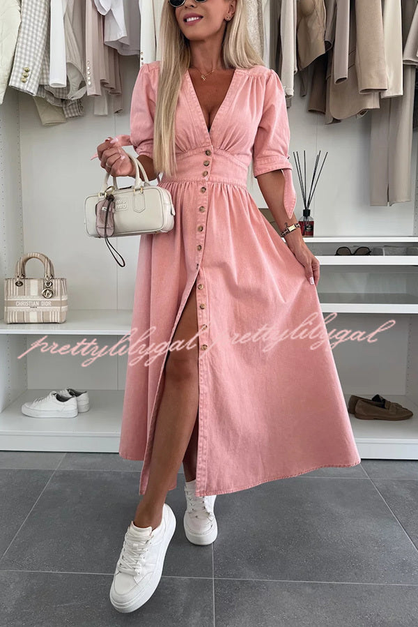 Stylish Solid Color V-Neck Button Down Denim Midi Dress for Women | Casual & Office Wear | Perfect for Spring & Summer Outings