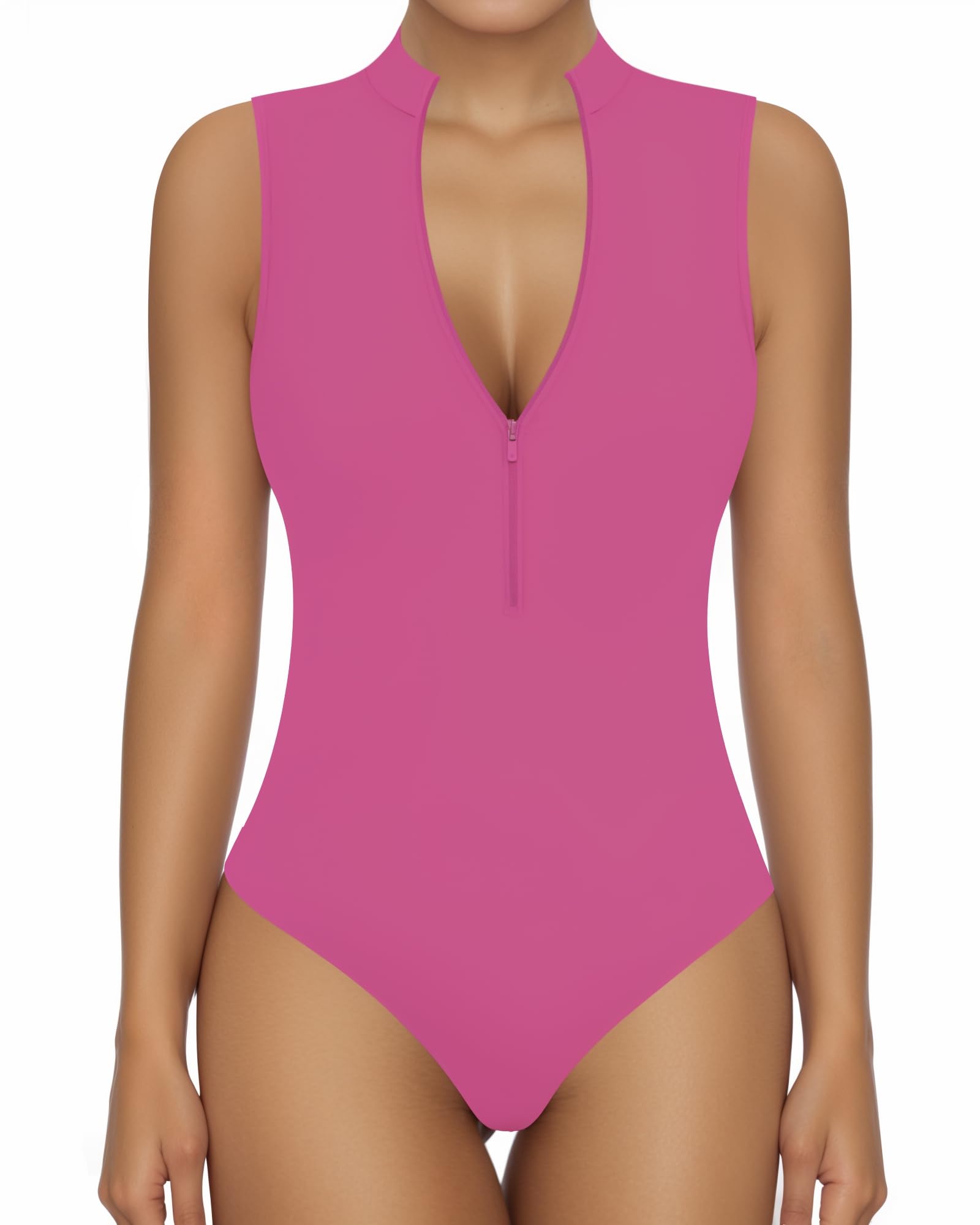 MANGOPOP Women's Sleeveless Mock Neck Ribbed Bodysuit - Zip Up Deep V Tank Top Body Suit for Casual Wear, Night Out & Layering