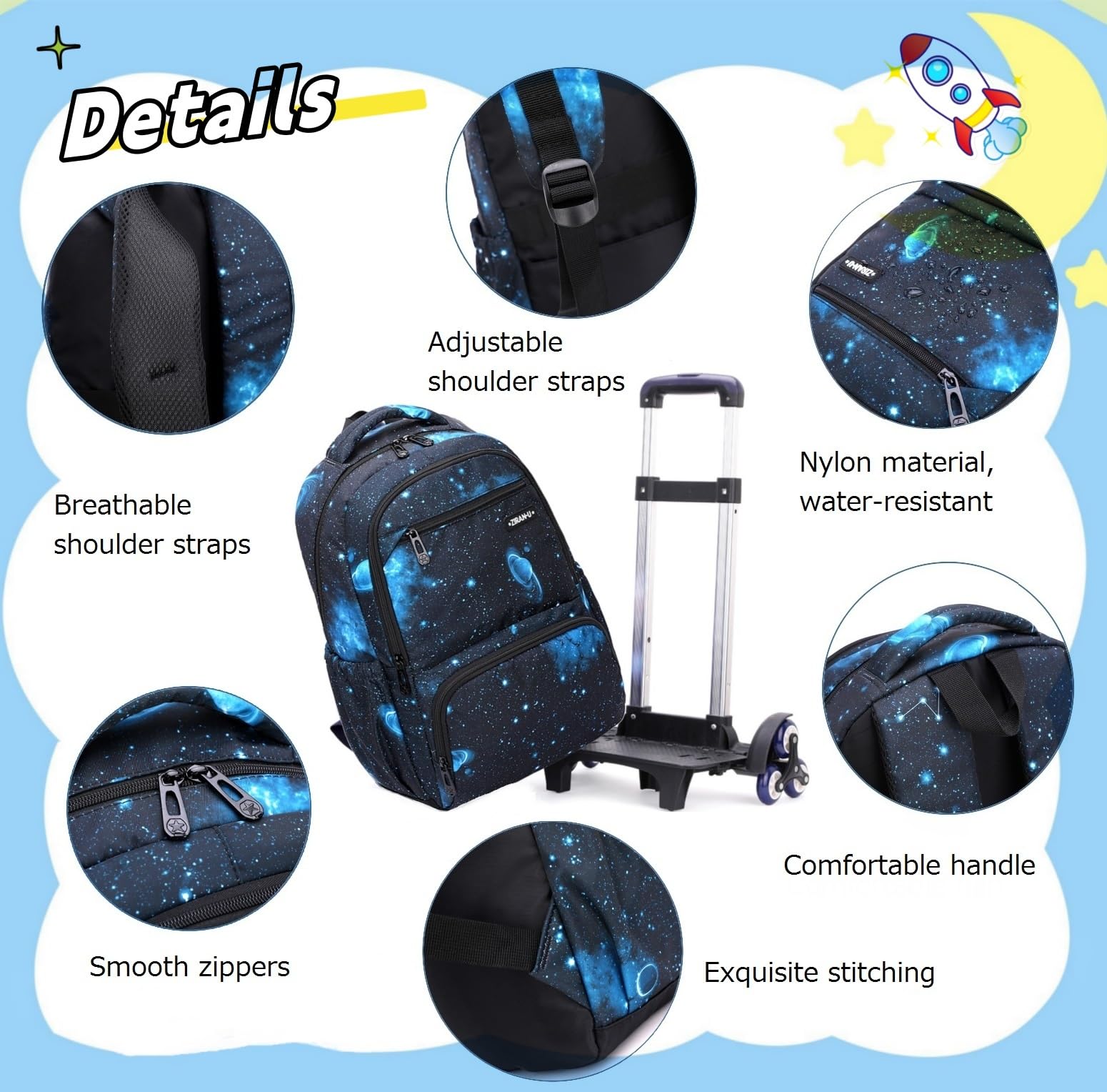 Galaxy Rolling Backpack with Wheels for Boys & Girls - Durable Wheeled School Backpack for Elementary Students - Perfect for School, Travel & Daily Commute