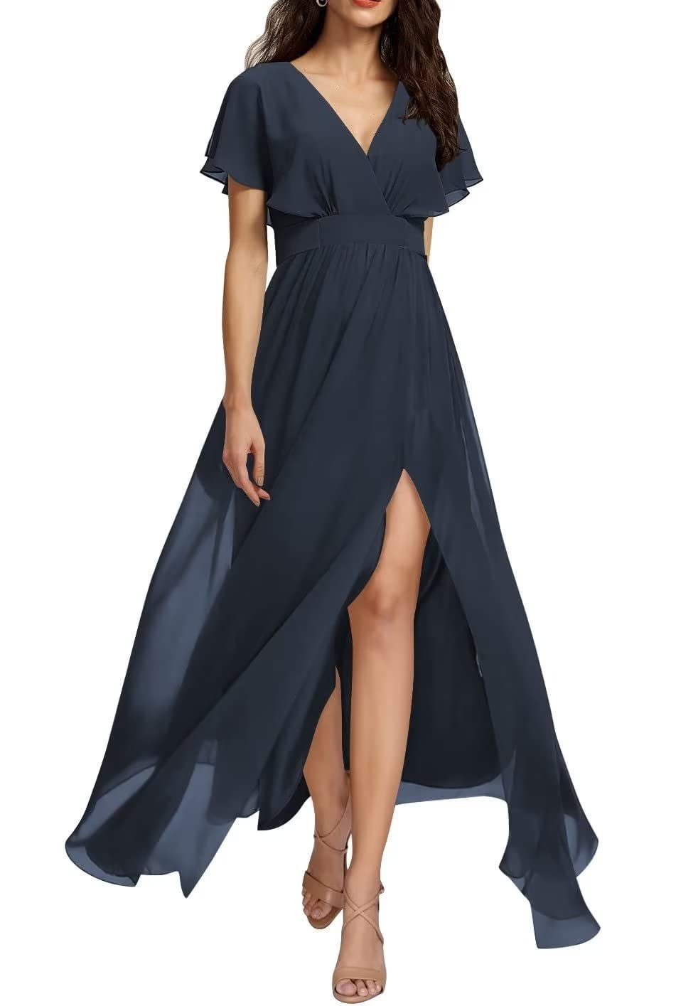 2024 Flowy Long Bridesmaid Dresses - V Neck Chiffon Ruffle Sleeves A-Line Formal Gown with Pockets in Navy Blue (Size 14) | Perfect for Weddings, Parties & Special Occasions