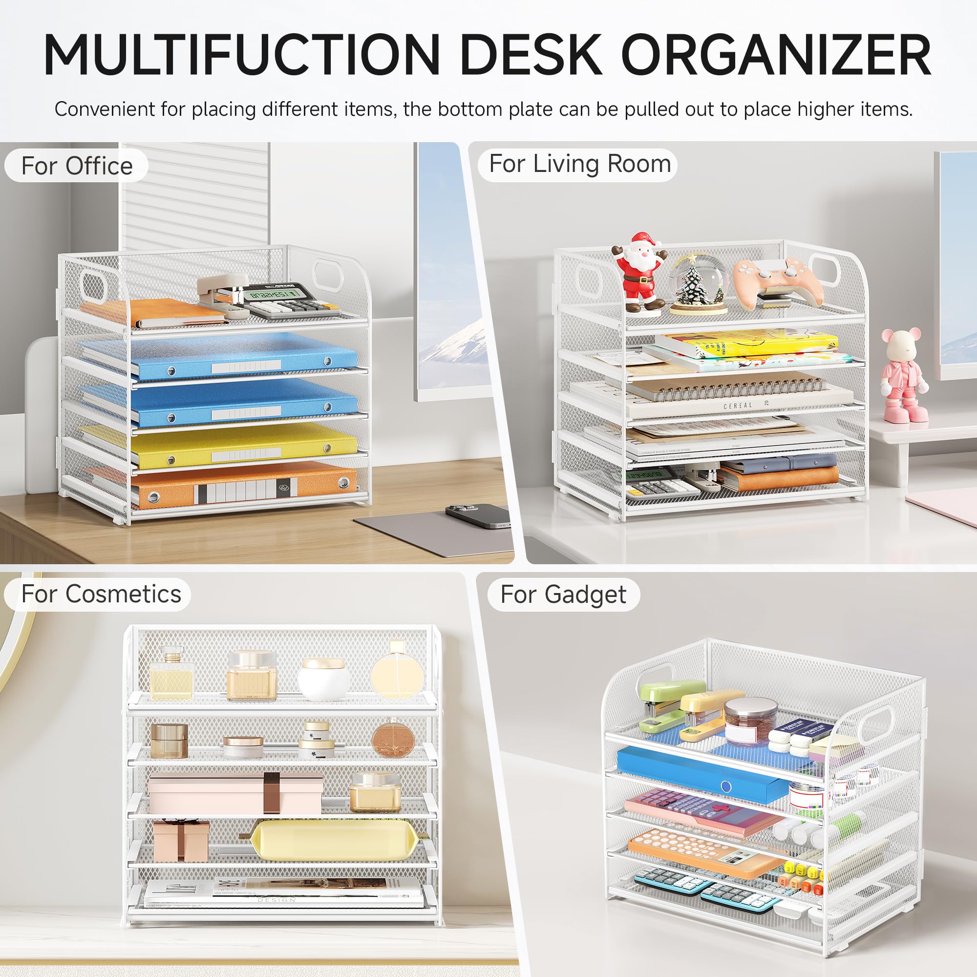 Lavatino 5-Tier Mesh Desk Organizer with Handle - White Letter Tray, File Sorter for Office, Home & School - Perfect for Mail, Documents, Bills & Office Supplies Storage