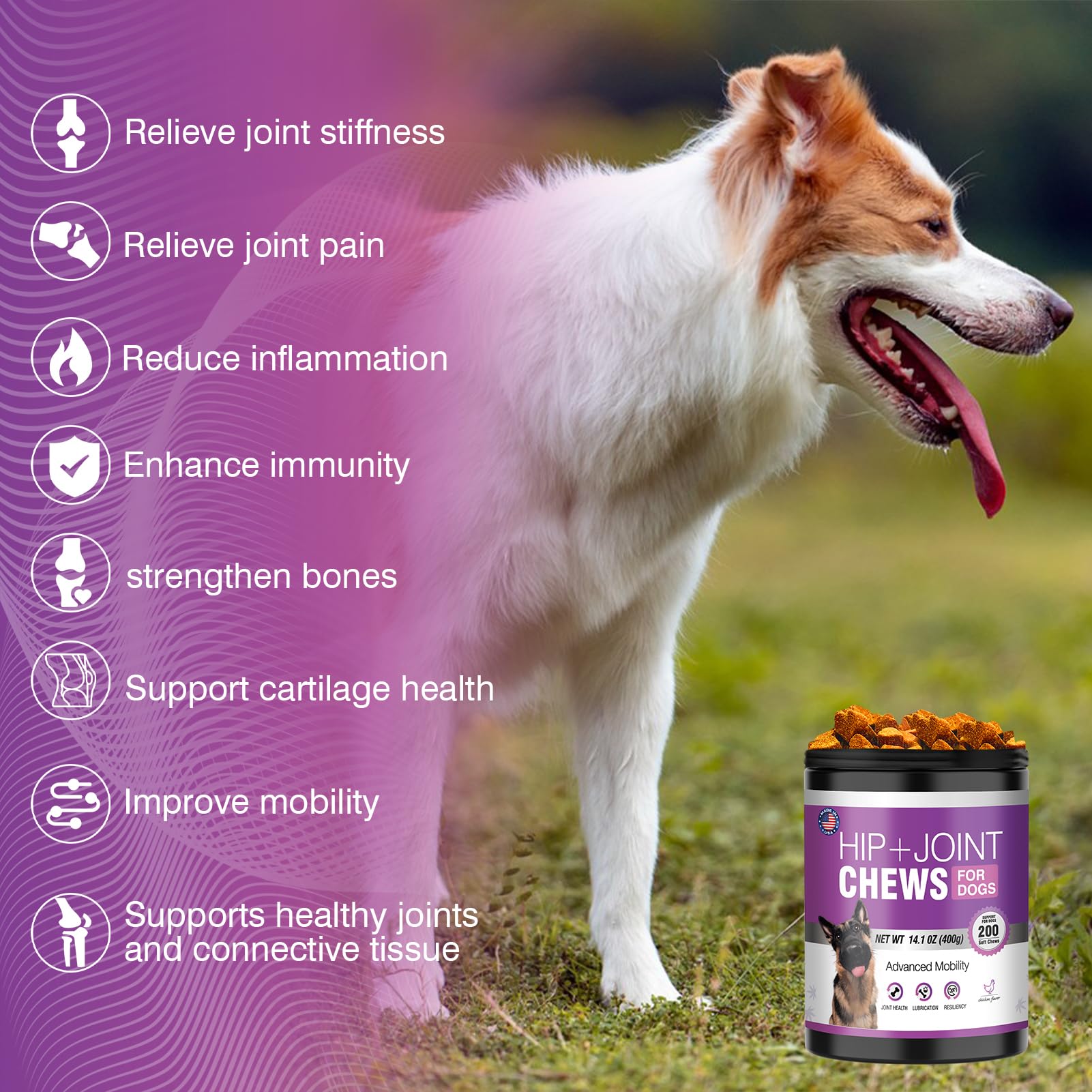 Glucosamine for Dogs - Hip & Joint Support Chews with Chondroitin, MSM & Hemp - Arthritis Pain Relief & Mobility Supplement for Small, Medium & Large Breeds - Ideal for Senior Dogs & Active Pets to Improve Joint Health & Comfort