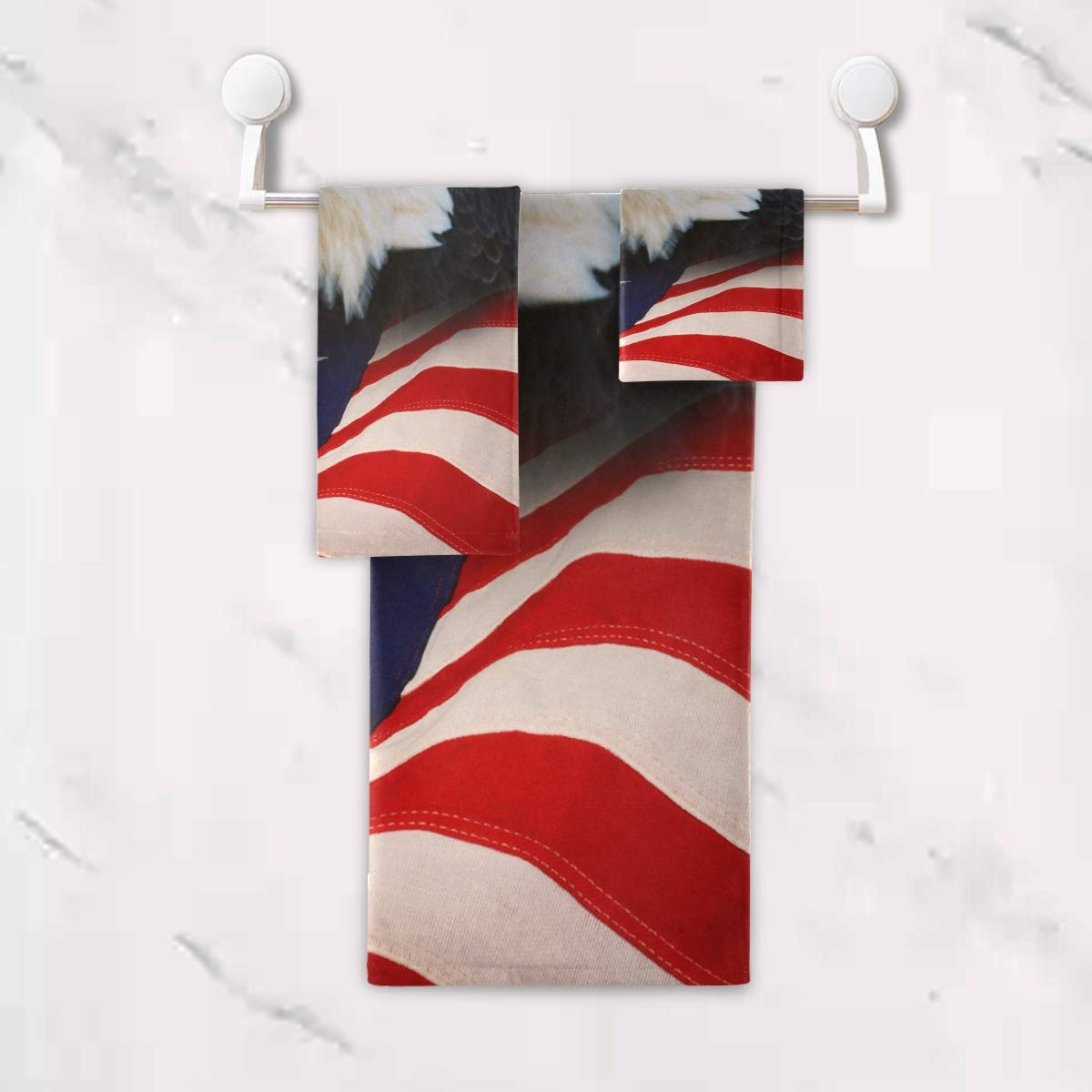 Blueangle Bald Eagle American Flag Style 3 Piece Towel Set - 100% Cotton, Soft & Absorbent, Quick Dry, Durable Bath Towels for Bathroom, Pool, Gym & Outdoor Use