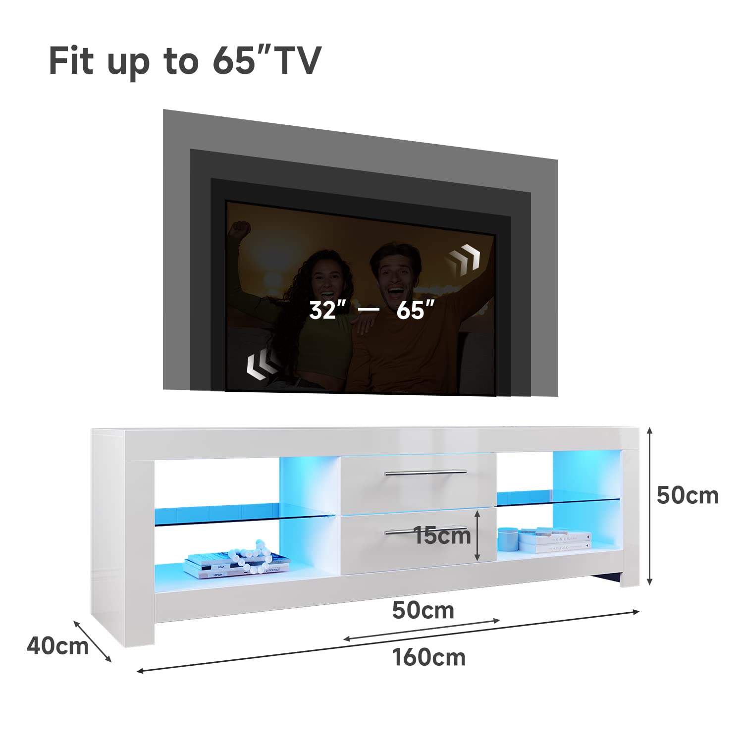 Modern White Glossy 1600mm LED TV Stand with Ambient Lighting - Storage Cabinet for 32-65 Inch 4K TVs - Elegant Living Room & Bedroom Furniture for Home Entertainment Setup