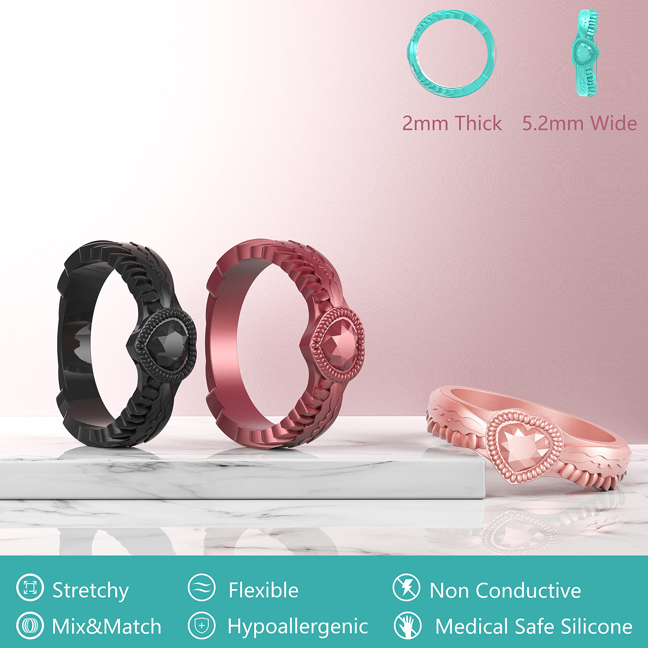 **Zollen 4/7 Pack Stackable Silicone Wedding Rings for Women - Comfortable Rubber Wedding Bands with Heart Diamond & Wings Design - Perfect for Daily Wear, Gym, Travel & Outdoor Activities**