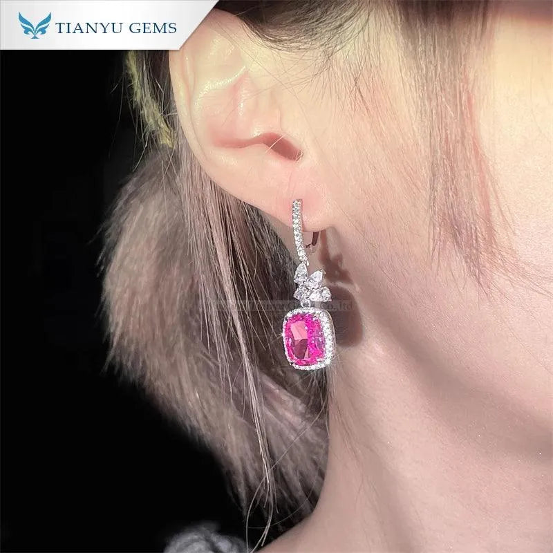 14K White Gold Cushion Cut 9x12mm Corundum Drop Earrings for Women - Elegant Moissanite Dangling Pear DE Earrings for Parties, Weddings & Special Occasions