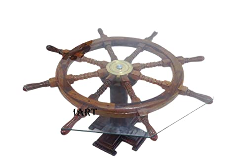 Vintage Wooden Ship Wheel Coffee Table - Nautical Decor for Living Room, Beach House & Coastal Home Decor - Rustic Wood Ship Wheel Centerpiece for Dining Room, Office or Patio
