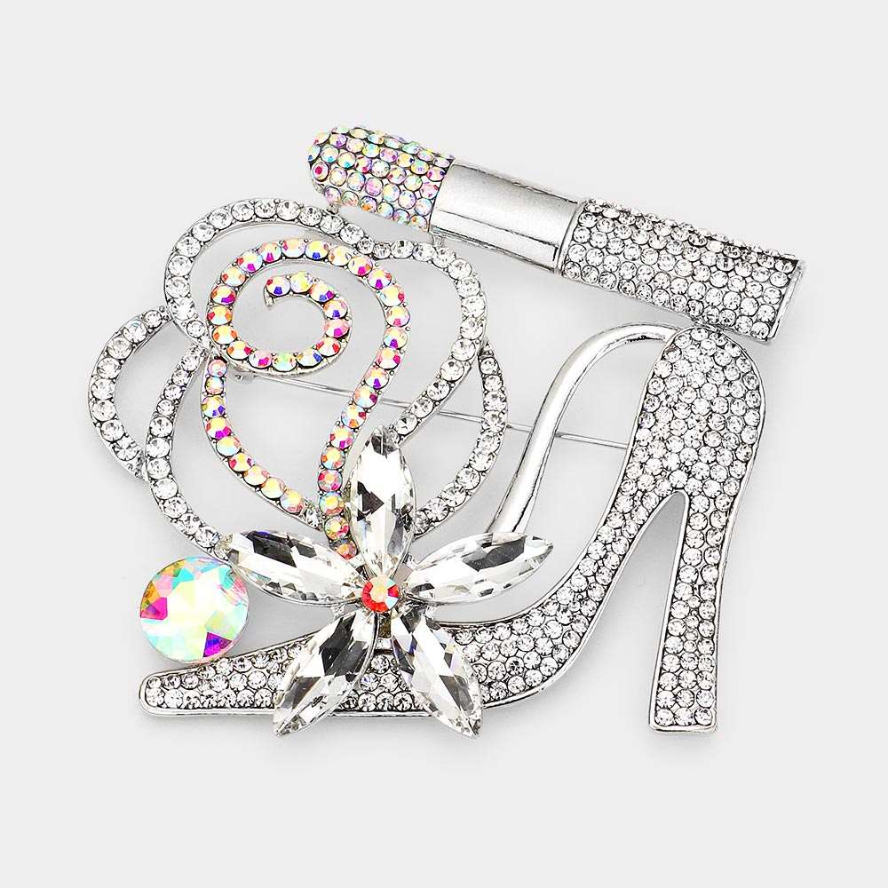 Elegant Silver Rhinestone High Heel Flower Lipstick Brooch Pin - Perfect for Dresses, Jackets, Hats & Accessories for Women's Fashion & Special Occasions