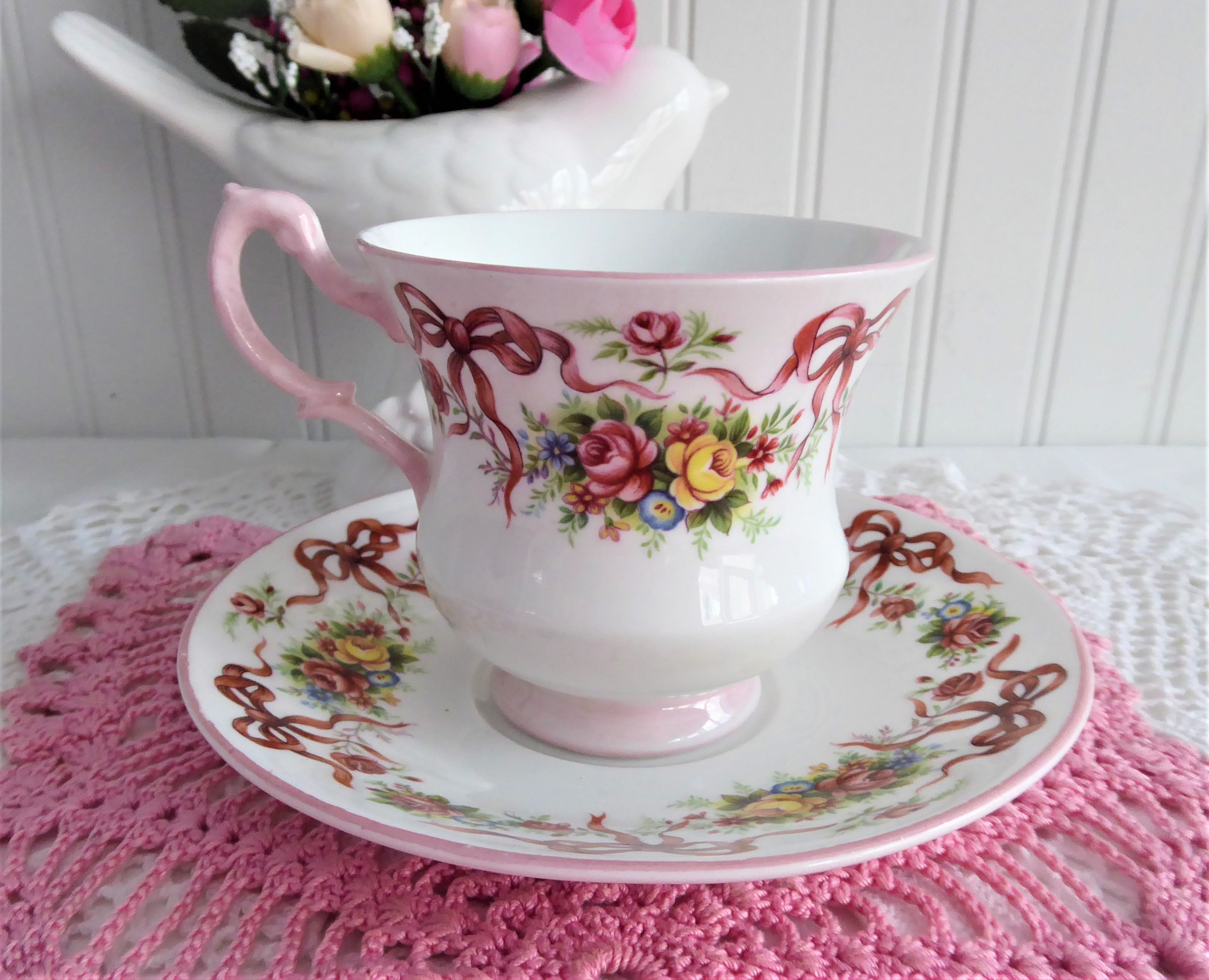 Vintage 1980s Queen's Bone China Cup and Saucer Set with Ribbon & Rose Design - Perfect for Mother's Day, Afternoon Tea, and Special Occasion Gifts
