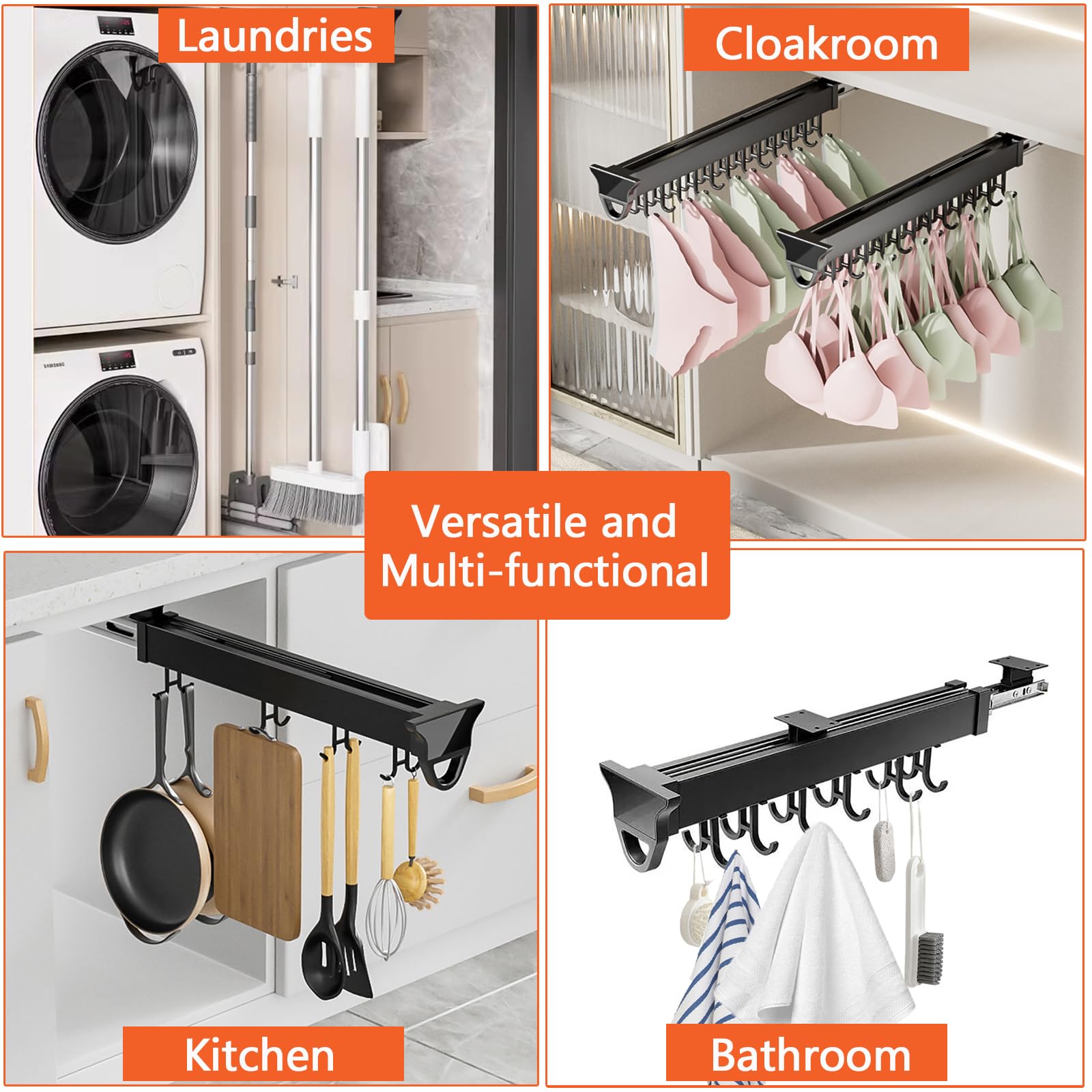 PCWLH Pull Out Mop and Broom Holder with 14 Hooks - Space Saving Laundry Room Organizer for Garage, Closet, Kitchen & Garden Tools Storage - Perfect for Home, Office and Utility Room Organization
