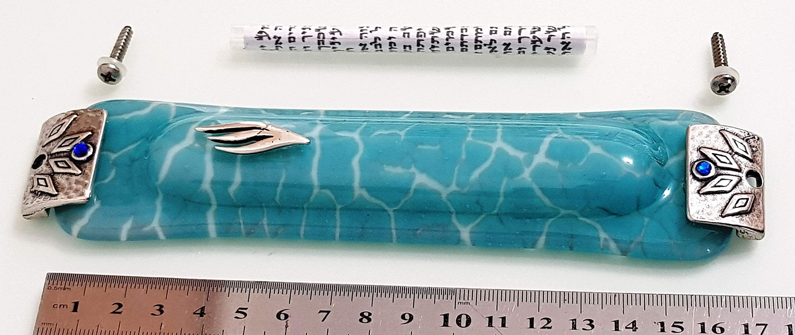Handmade Blue Mezuzah Case with Crackle Fused Glass - Unique Judaica Gift for Jewish Housewarming & Weddings - Perfect for Doorways & Spiritual Home Decor
