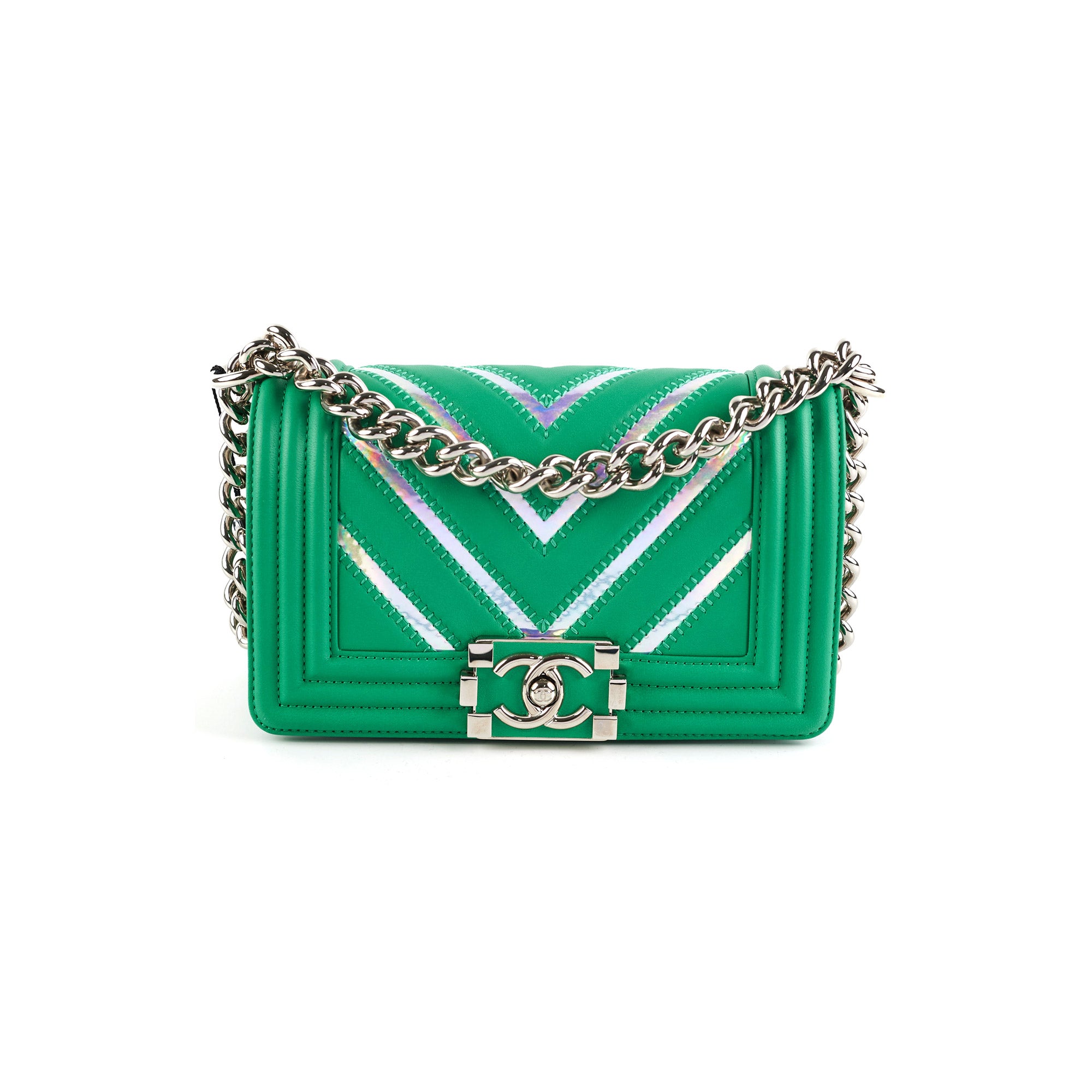 Chanel Chevron Boy Small Green Leather Bag with Holographic PVC Trim - Luxury Crossbody Purse for Women, Perfect for Evening Parties & Special Occasions