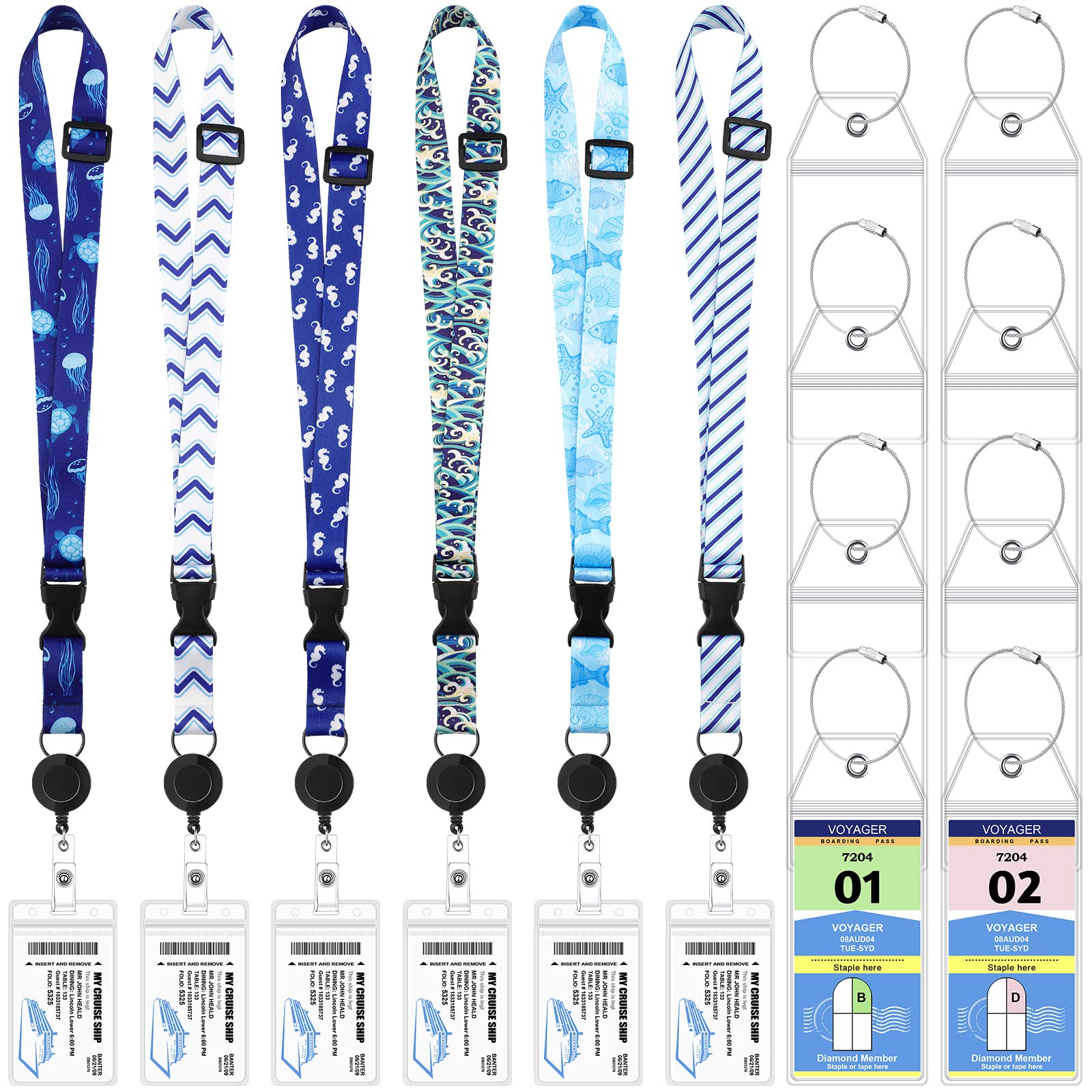 6-Pack Waterproof Retractable Cruise Lanyards with 8 Luggage Tags - Sea Animal Design for Carnival Cruises & Travel