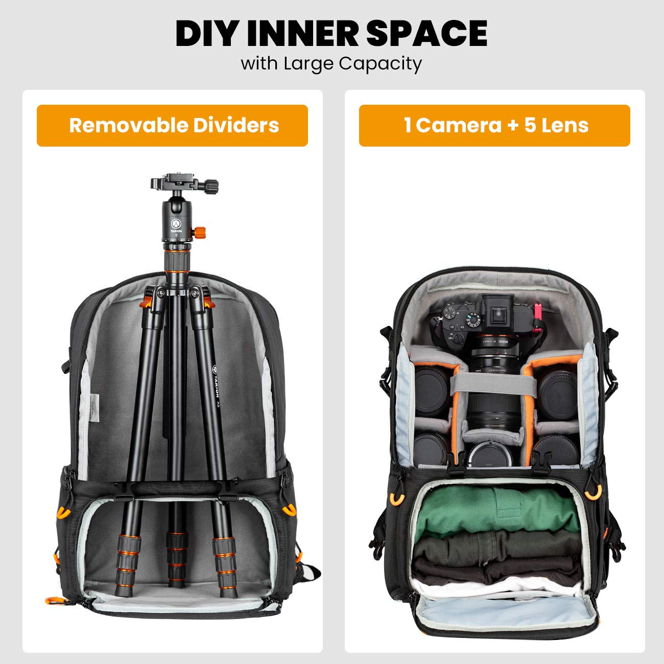 TARION Professional Large Camera Backpack with Laptop Compartment & Overhead Video Stand Articulating Arm - Durable Hiking Camera Bag with Desktop Phone Mount Holder for DSLR, Mirrorless Cameras - Perfect for Video Filming, Livestreaming, YouTube Content Creation & Outdoor Photography