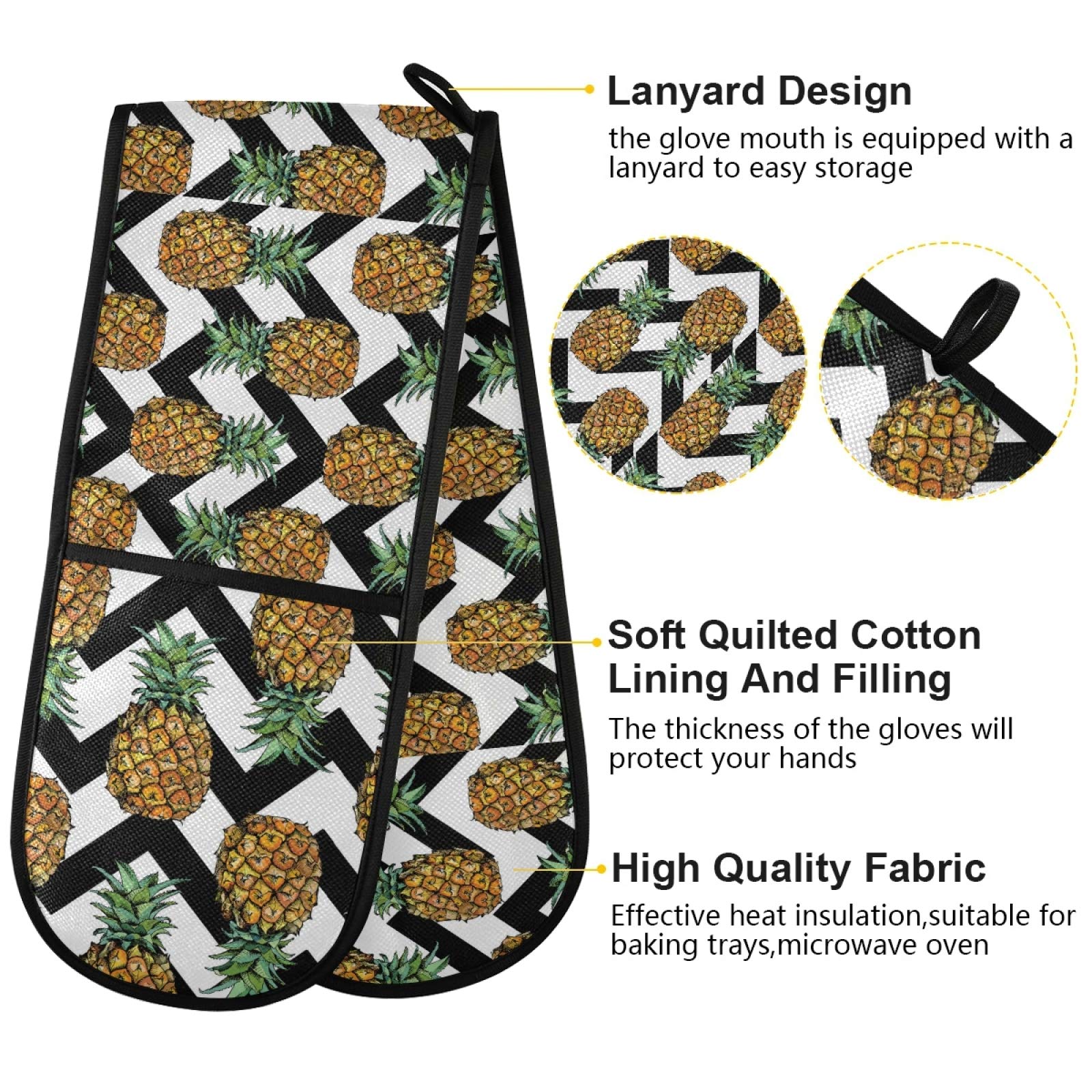 Heat Resistant Oven Mitts & Pot Holders Set - Black White Chevron Pineapple Design, 35