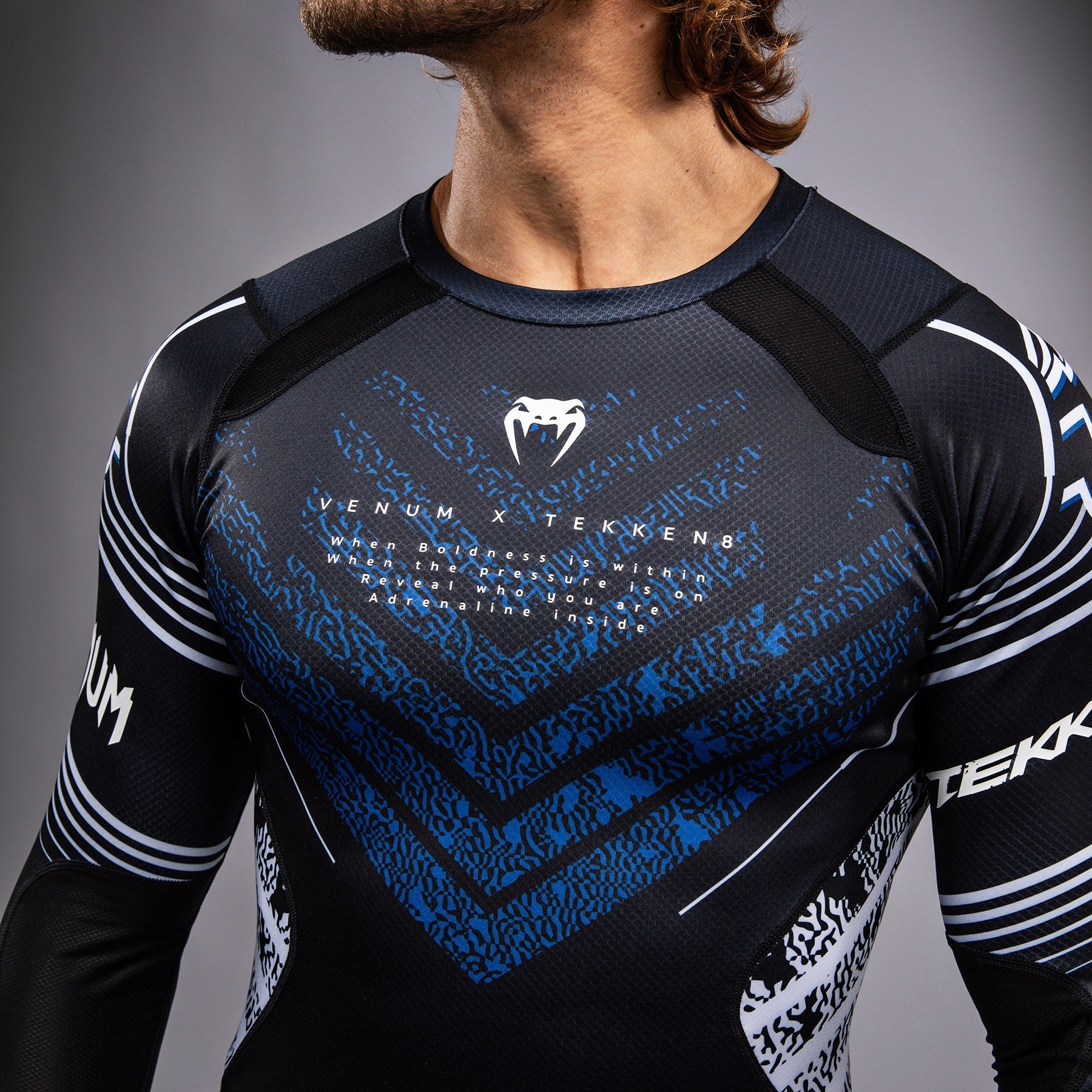 Venum x TEKKEN 8 Jin Kazama Rashguard - Blue/Black/White MMA Training Shirt for BJJ, Muay Thai & Combat Sports