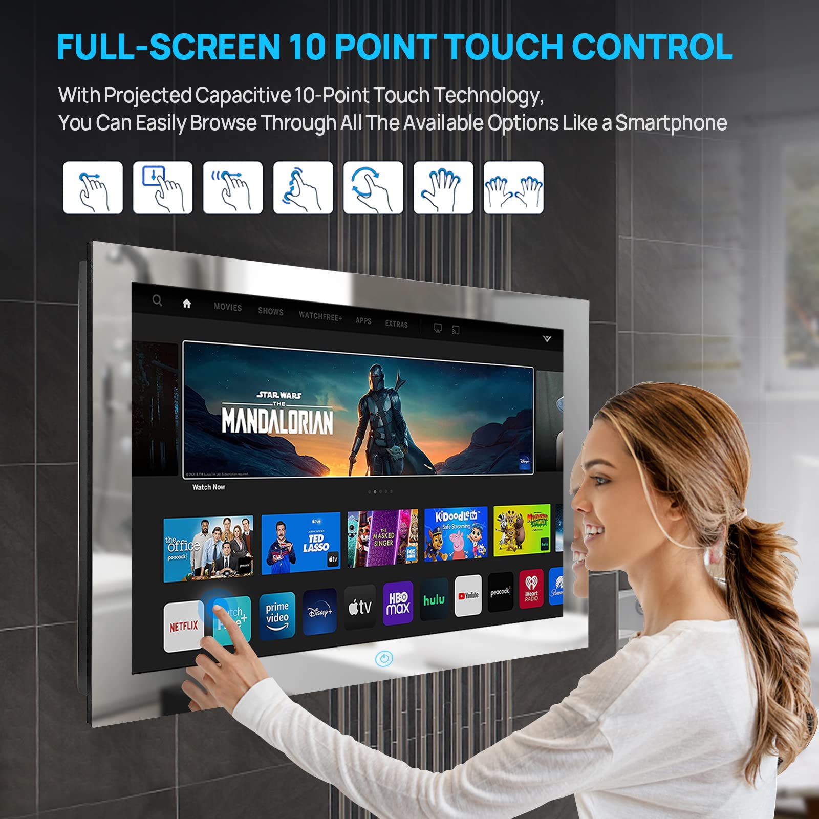 Haocrown 15.6 Inch Waterproof Smart Mirror TV with Touch Screen - Full HD 1080P, Built-in Wi-Fi 2.4/5G & Bluetooth, ATSC Tuner, USB/HDMI, Wall Mountable (8+64GB, HG156BM) - Perfect for Bathroom, Shower & Kitchen Entertainment