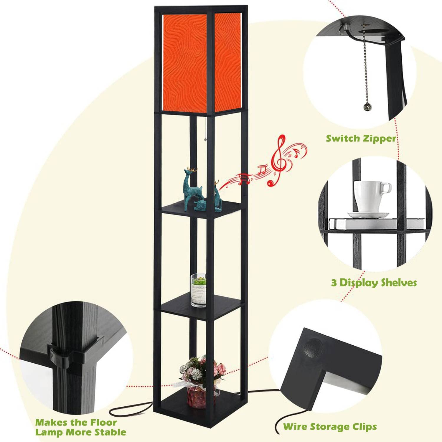 Modern LED Floor Lamp with Shelves & Linen Shade - Tall Corner Standing Lamp for Living Room, Bedroom, or Office - Stylish Lighting for Home Decor, Reading Nook & Cozy Ambiance
