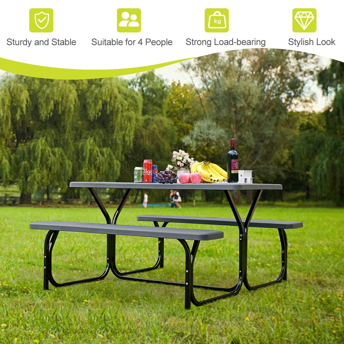 GYMAX Outdoor Picnic Table with All-Weather Wood Grain Tabletop & Sturdy Metal Frame - Easy Assembly for Camping, Backyard, Deck, Patio, Poolside Dining & Parties - Perfect for BBQs, Family Gatherings & Outdoor Entertaining