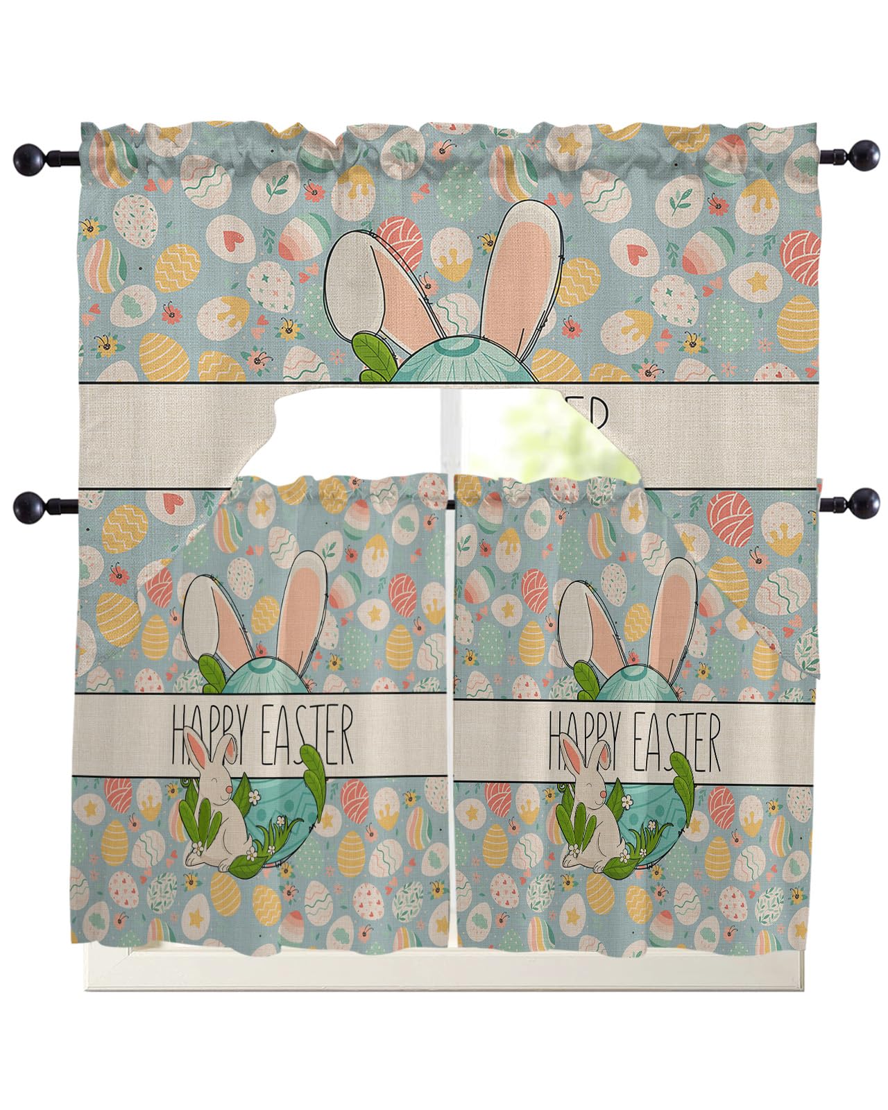 Shabby Chic Egg Swag Kitchen Curtain Set with Valance - 3 Piece Rod Pocket Window Drapes for Bedroom, Living Room & Bathroom - Easter Bunny Spring Floral Design (56