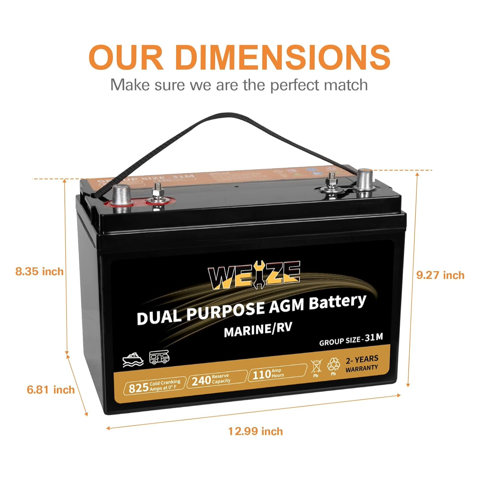 WEIZE BCI Group 31M AGM Battery - 12V 110AH, 240RC 825CCA - Dual Purpose Starter & Deep Cycle Battery for Marine, RV, Boats, Solar Power & Off-Grid Applications - Maintenance-Free Sealed Lead Acid Battery