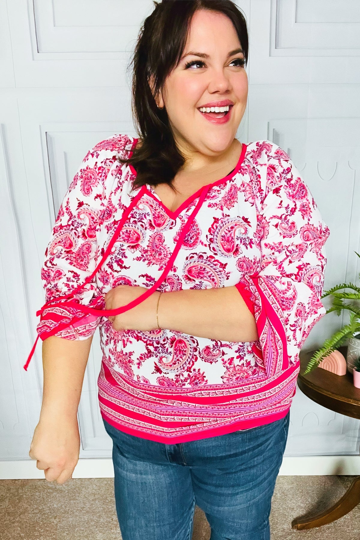 Stylish Fuchsia Paisley Boho Tie Front Top for Women | Flowy Summer Blouse for Beach, Music Festivals & Casual Outings