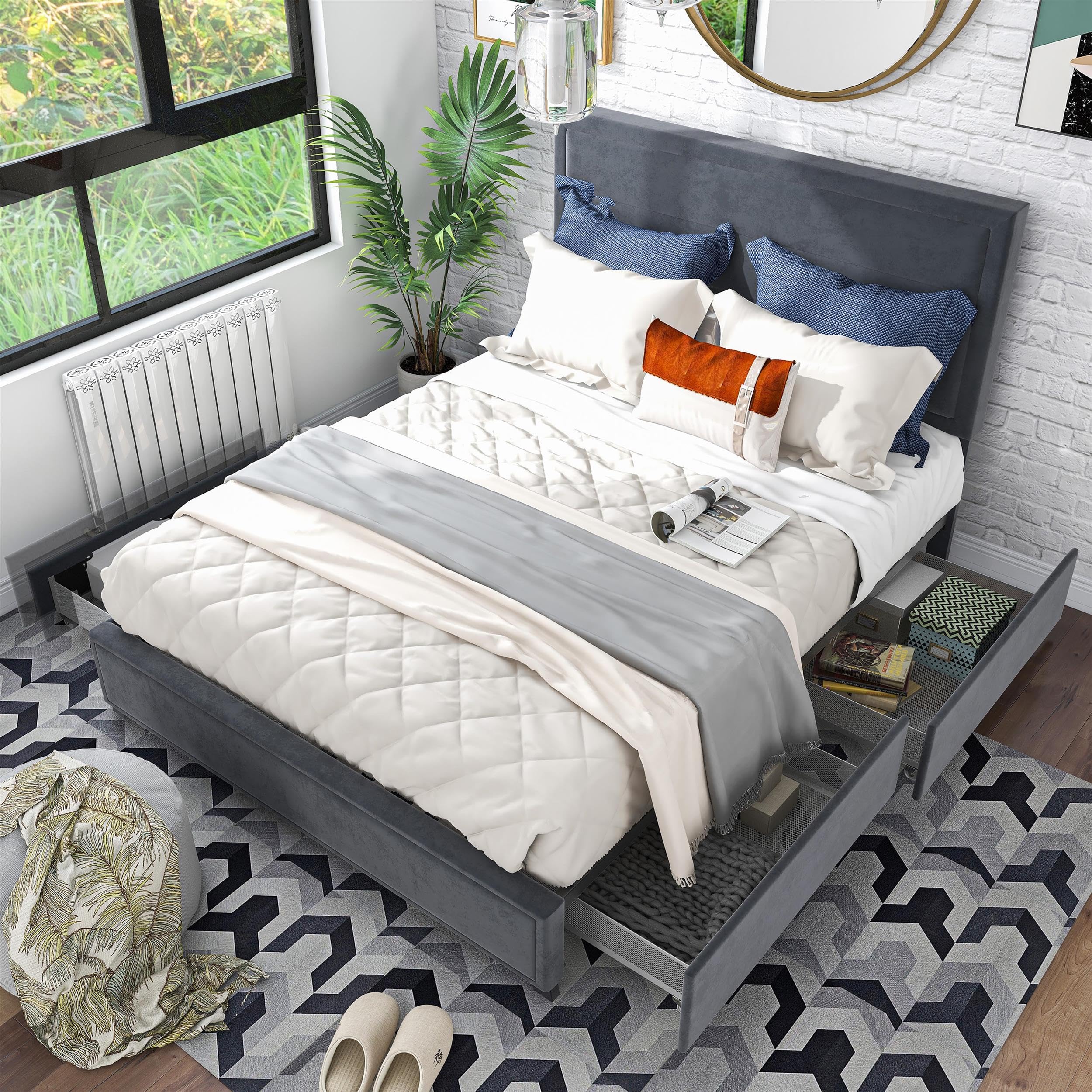 Furniture of America Tink Platform Fabric Full Bed with Storage Drawers in Gray - Modern Bedroom Furniture for Small Spaces & Guest Rooms