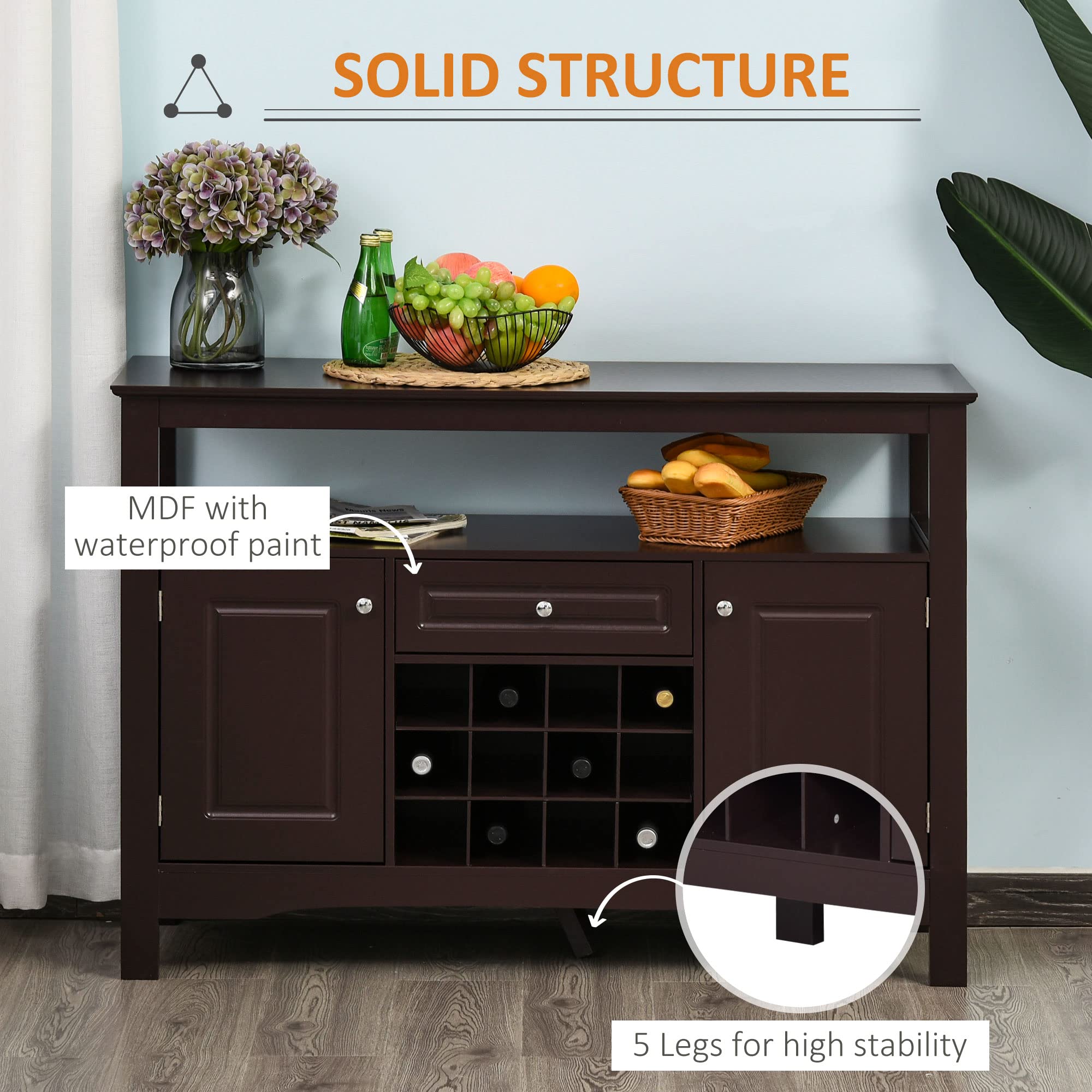 HOMCOM Modern Coffee Bar Cabinet with Wine Rack - 12-Bottle Storage Sideboard Buffet with Drawer for Living Room, Kitchen, Dining Room | Espresso Finish Home Bar Furniture for Entertaining & Storage