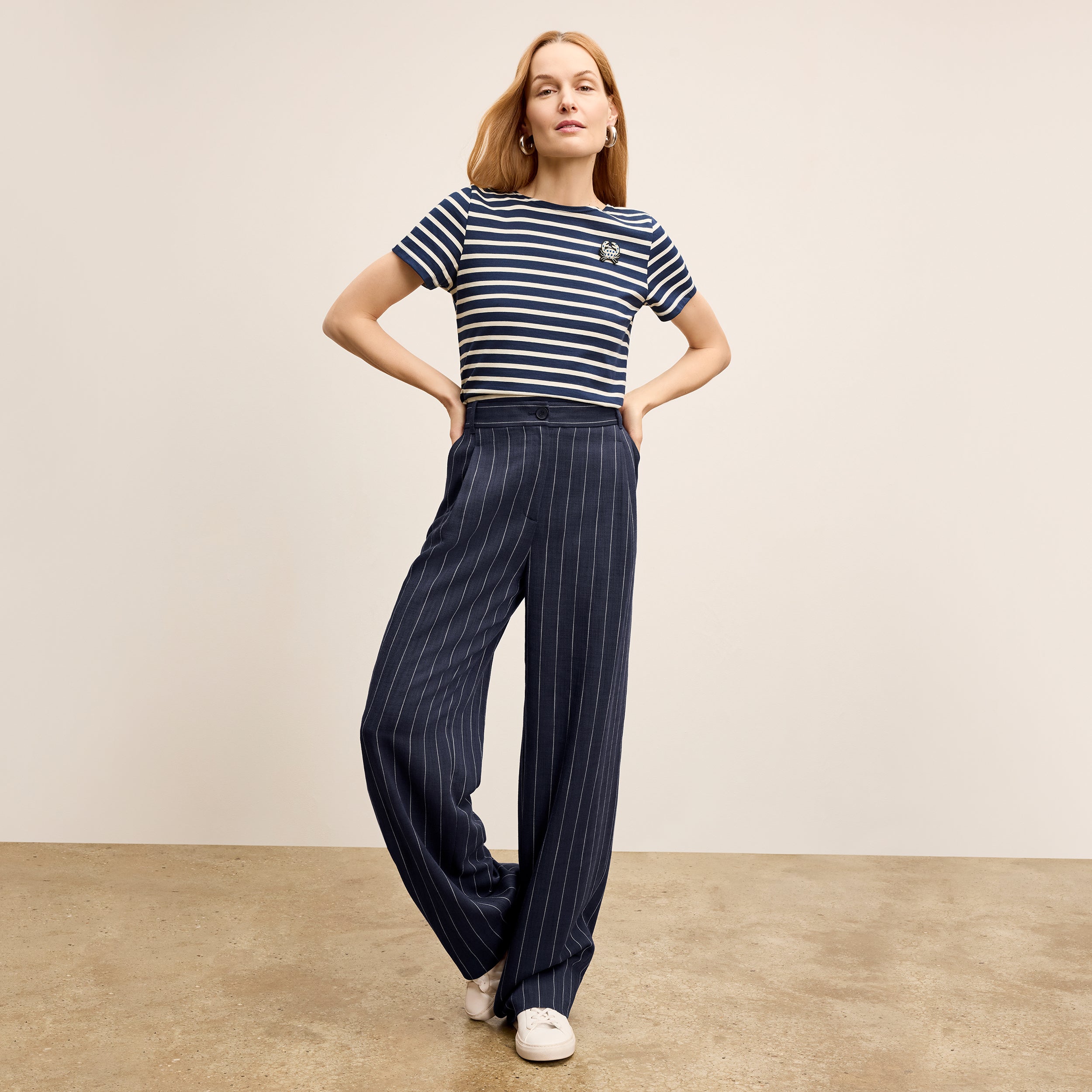 Fitz Pleated Summer Pinstripe Trousers for Men - Navy/Ivory Stripe - Office Wear & Casual Summer Outfits