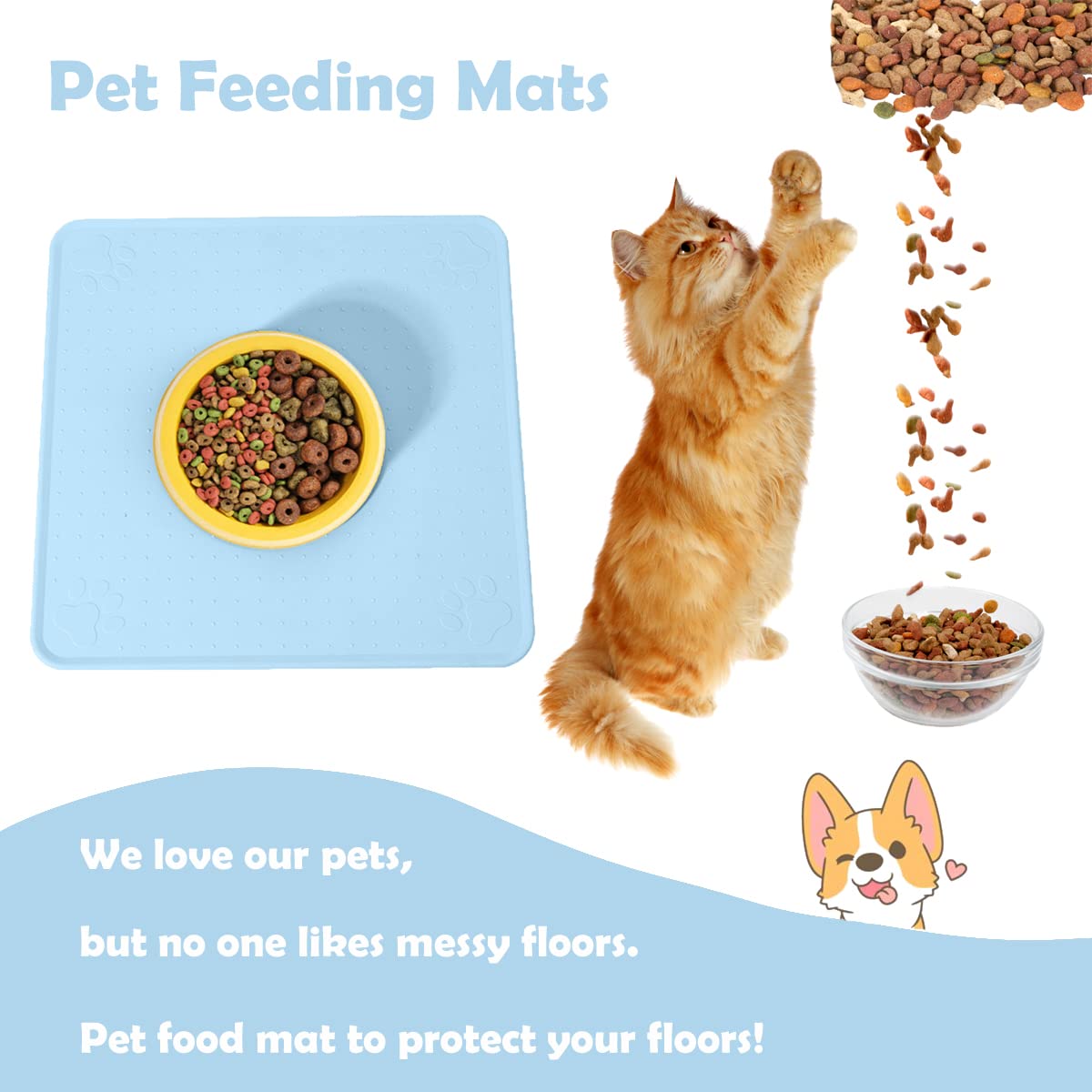 **Waterproof Silicone Dog Food Mat - Non-Slip Pet Feeding Mat for Dogs & Cats - Washable Floor Mat for Food & Water Bowls - Durable & Easy Clean (Blue) - Perfect for Kitchen, Crate, or Outdoor Use**