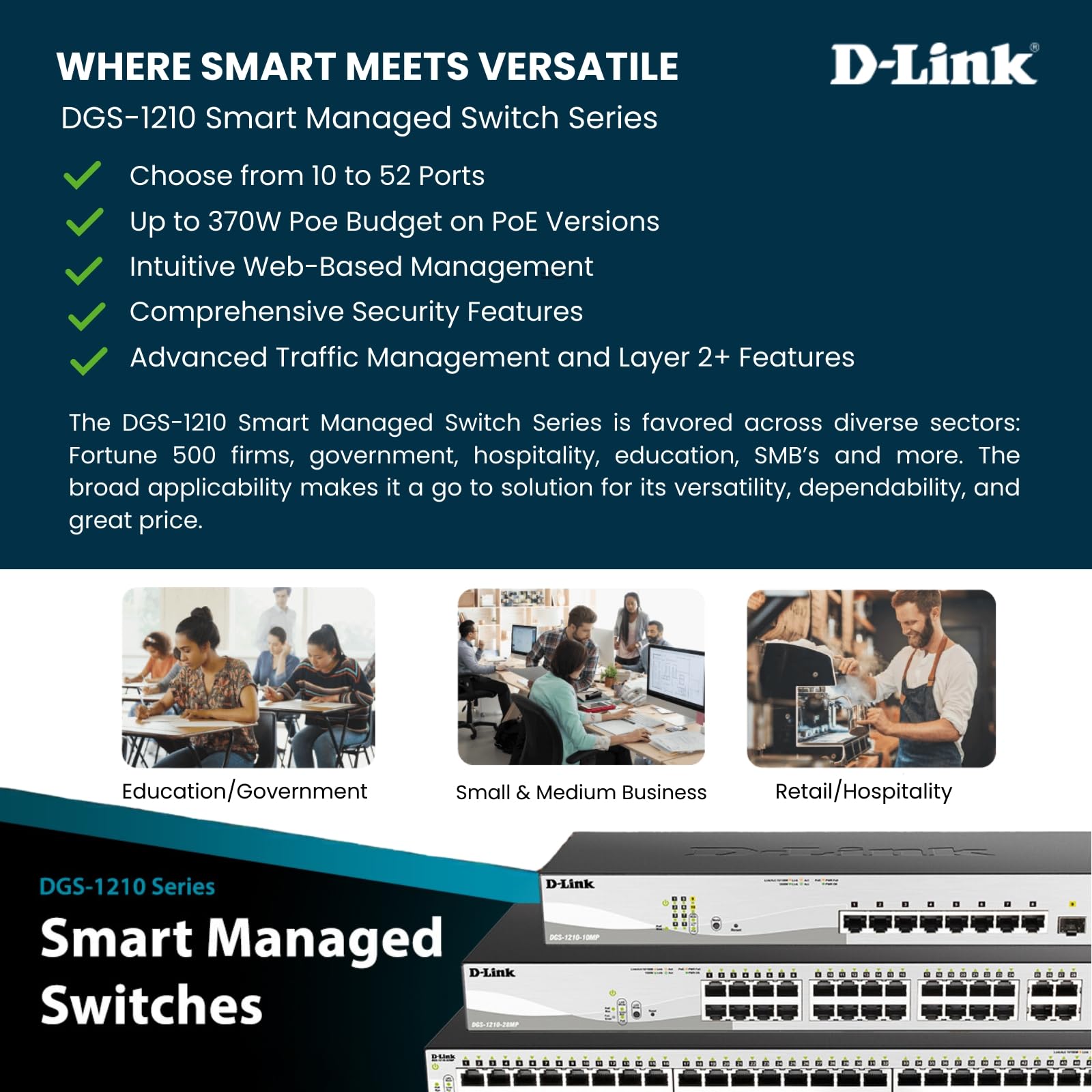 D-Link DGS-1210-10 10-Port Gigabit Smart Managed Switch with 8 GbE & 2 SFP Ports, L2+ Features, VLAN Support, Cable Diagnostics - Web Managed for Home Office, Small Business Network Setup | Desktop/Rackmount | Fanless Design | NDAA Compliant | Lifetime Warranty