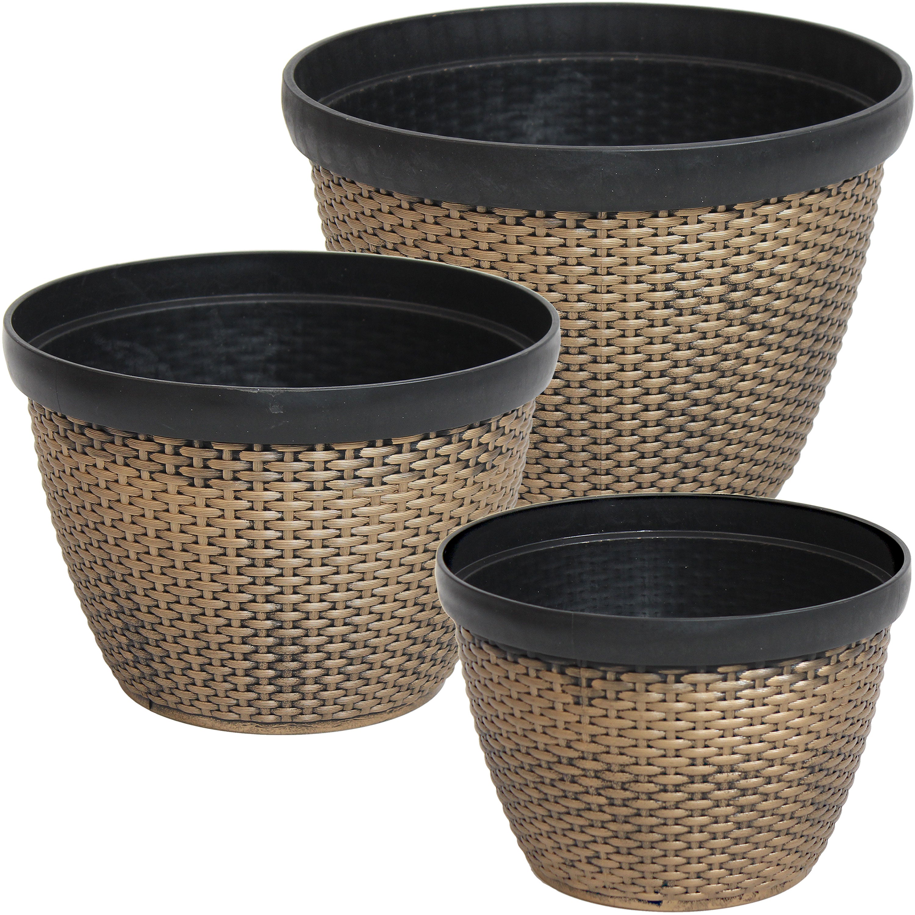 Stylish Sunnydaze Resin Faux Basketweave Outdoor Planters - Set of 3 for Patio, Garden & Porch Decor