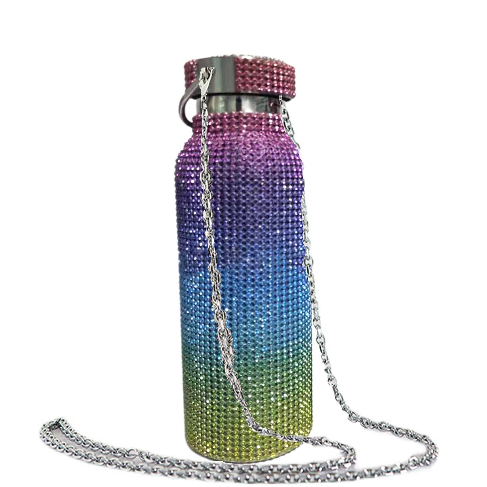 **Stainless Steel Insulated Water Bottle with Rhinestone Inlay - 12/17/25oz (350ml) - Keeps Drinks Hot/Cold for Hours - Includes Detachable Chain - Perfect for Gym, Hiking, Travel & Work**