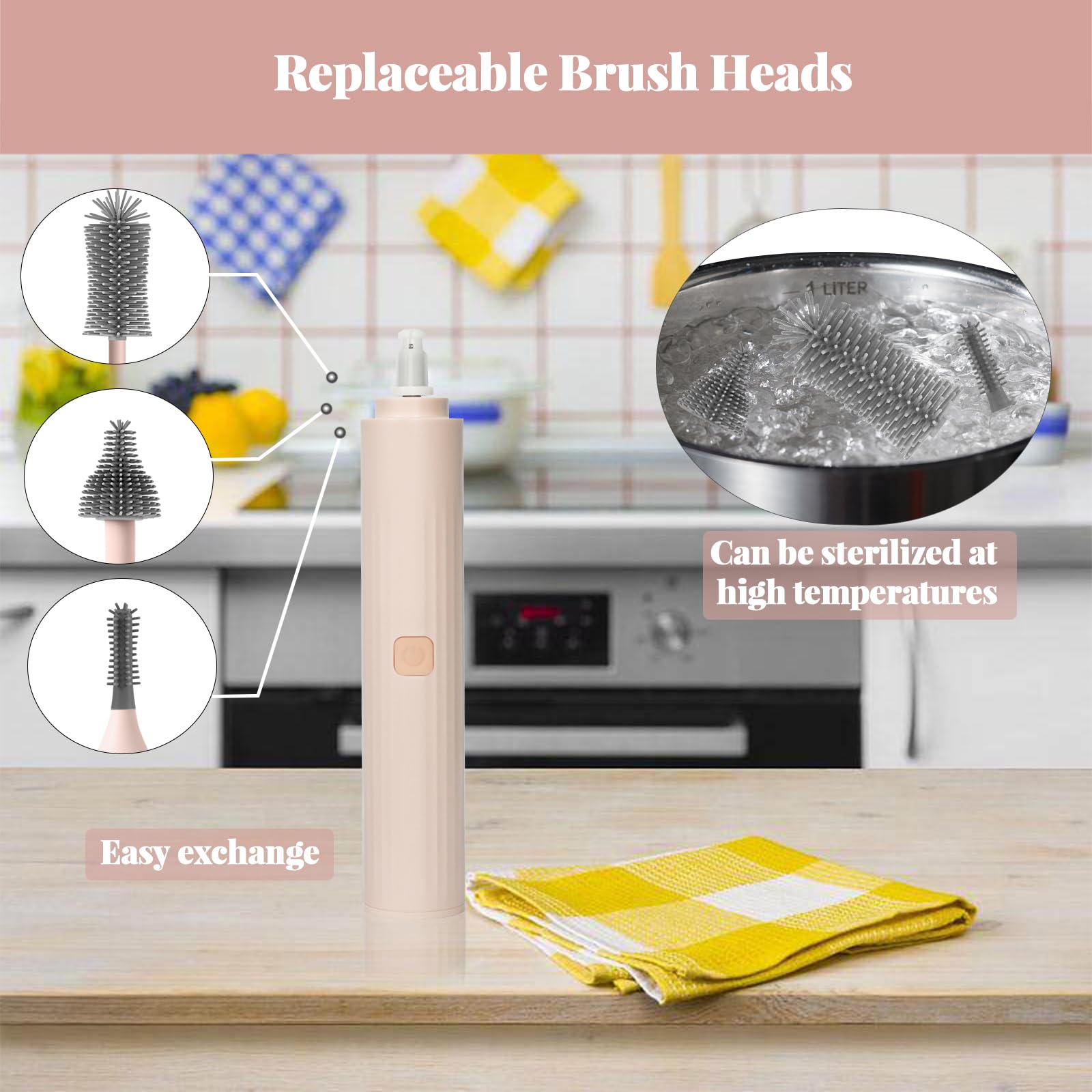 USB Rechargeable Electric Cleaning Brush Set - 3 Replaceable Silicone Bottle Brushes & Straw Cleaner - Perfect for Baby Bottles, Kitchenware & Travel Mugs (Pink) | Ideal for New Parents, Home Cleaning & Dishwashing