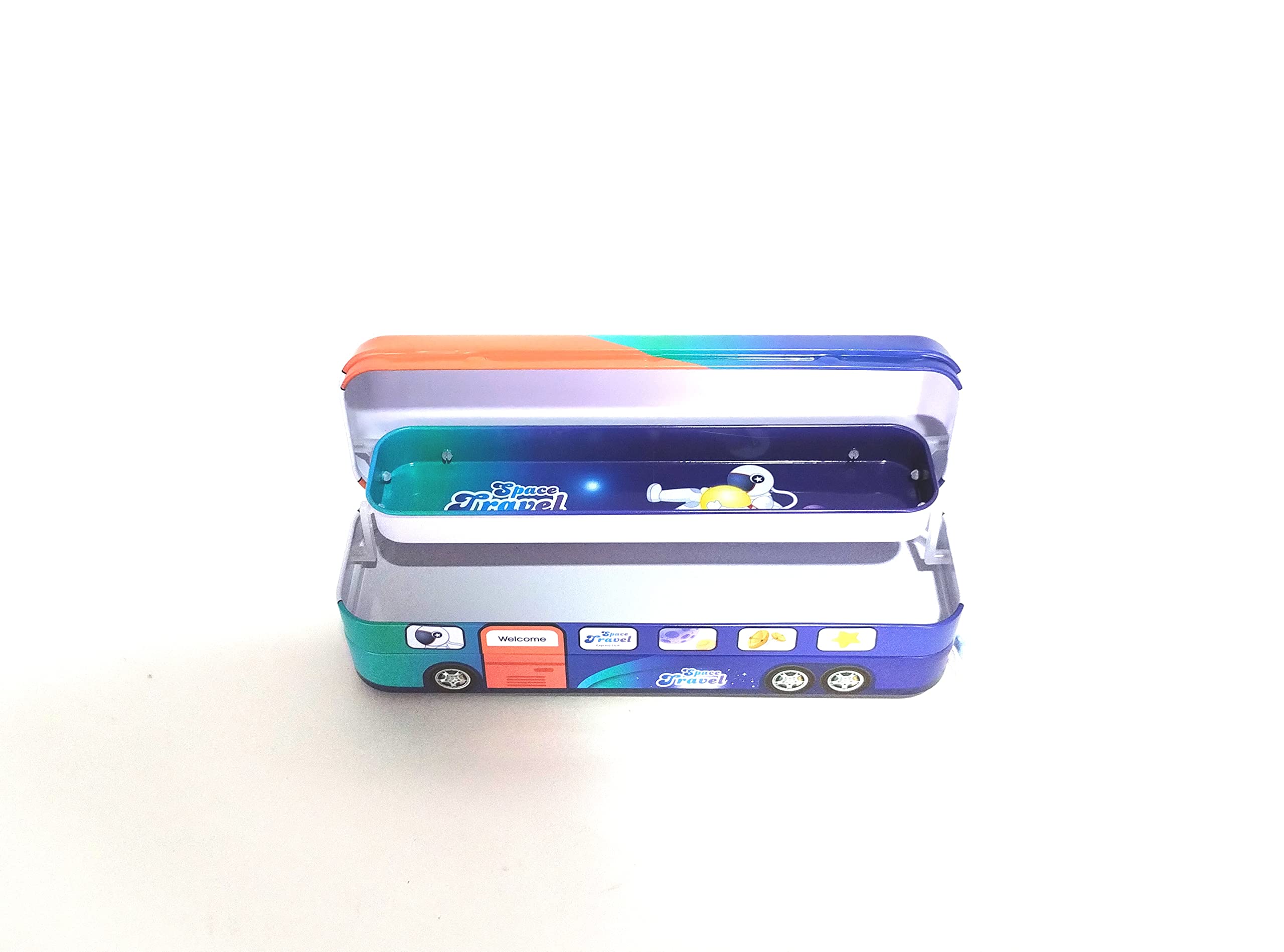 Anvi Cartoon Printed Metal Bus-Shaped Pull Back Pencil Case with Functional Wheels | 3 Compartment School Supply Organizer | Fun String-Operated Toy for Kids | Perfect Birthday Gift for Boys & Girls (Space Travel Design) - Great for School, Travel & Playtime