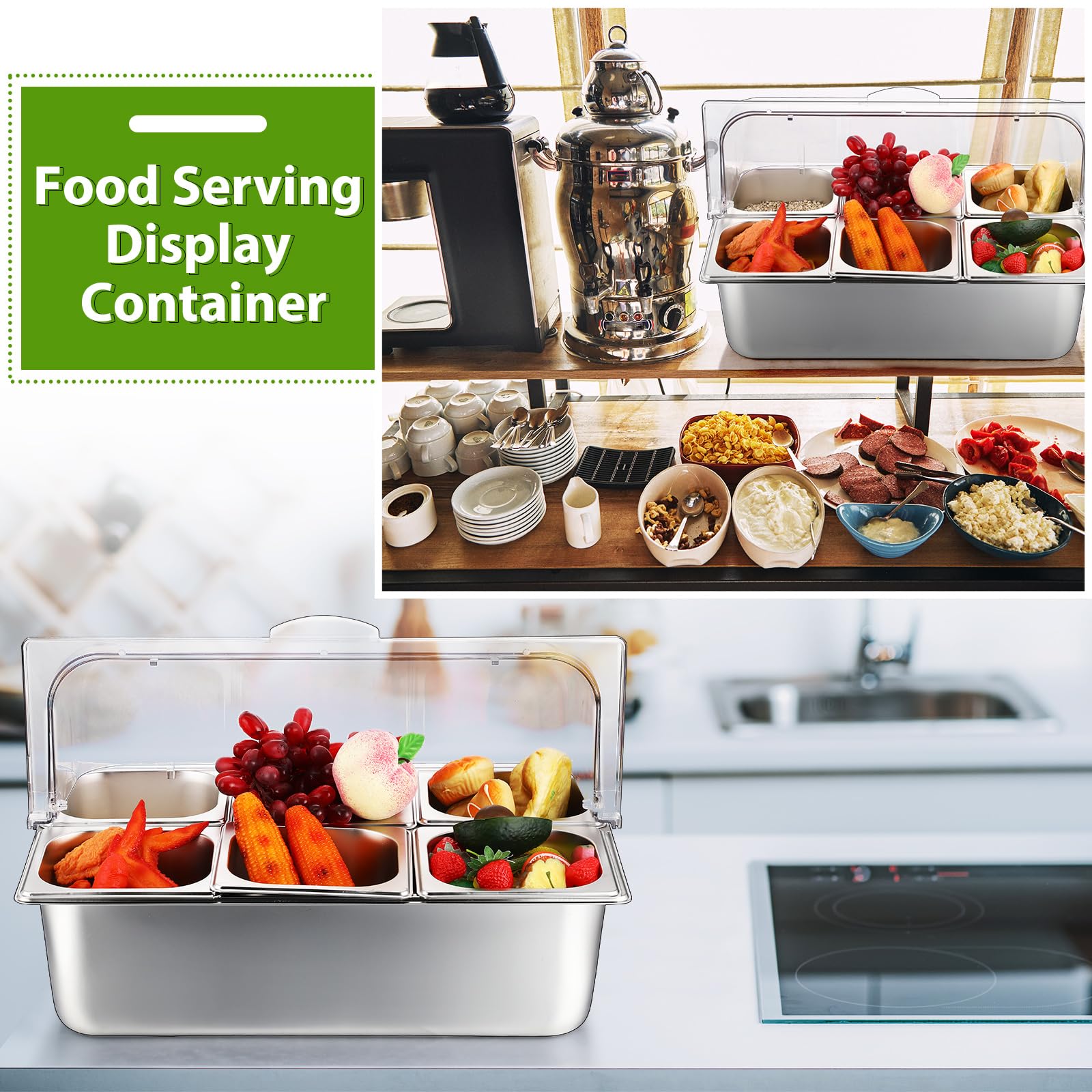 Stainless Steel Buffet Food Serving Tray with Clear Roll Top Cover - 6 Pan Countertop Display Container for Restaurants, Hotels & Parties | Perfect for Condiment Dispensing, Catering Events & Buffet Style Dining