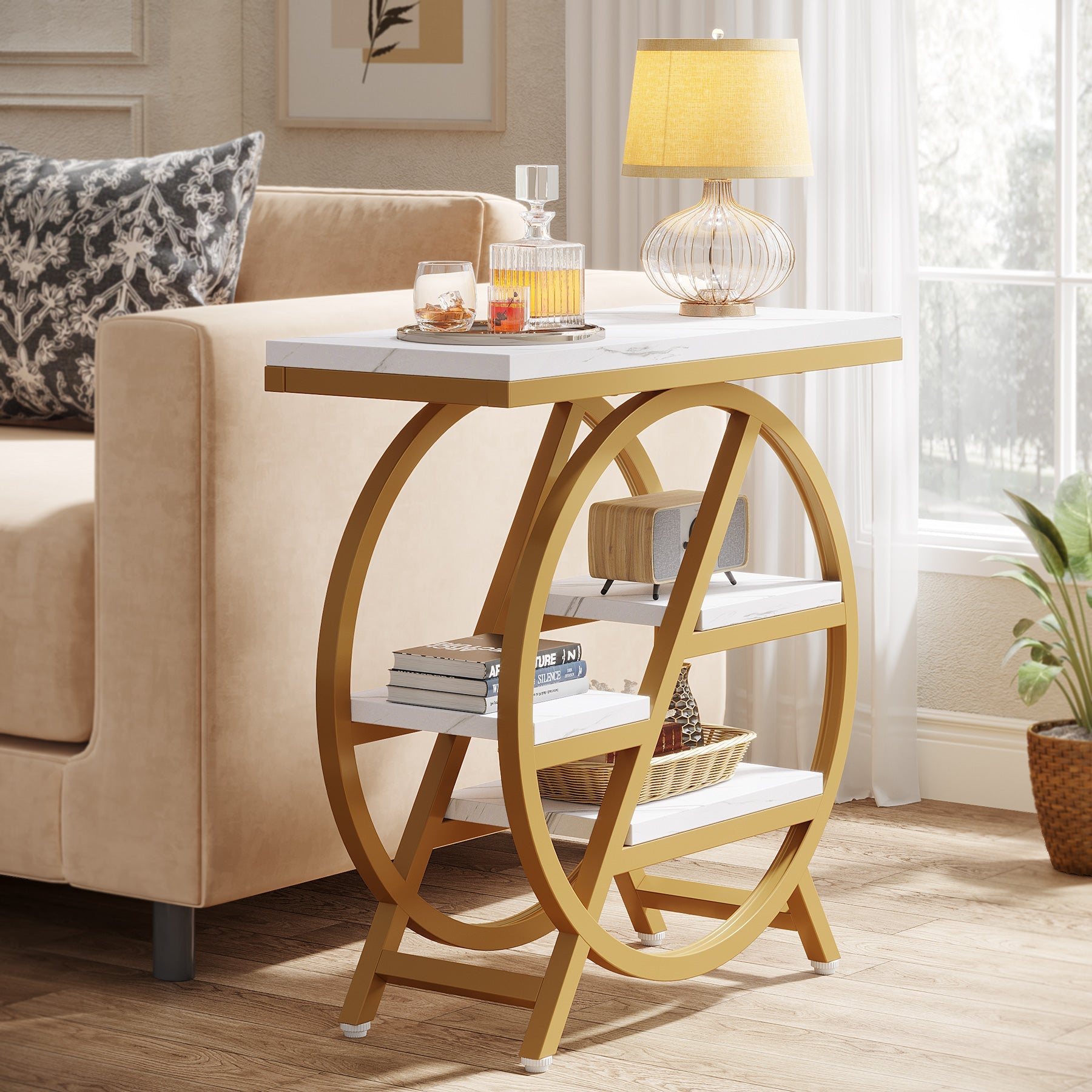 4 Tier End Table with Storage Shelves - Compact Side Table for Living Room, Bedroom, or Office - Perfect for Snacks, Books, and Decor Organization